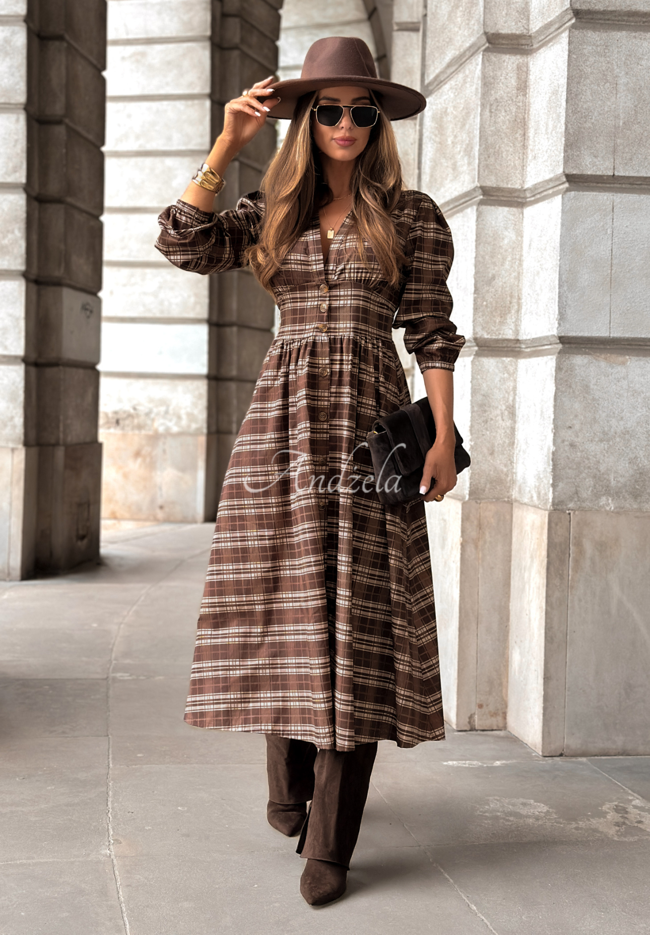 Kariertes Midikleid Watching The Sunrise Schokoladenbraun