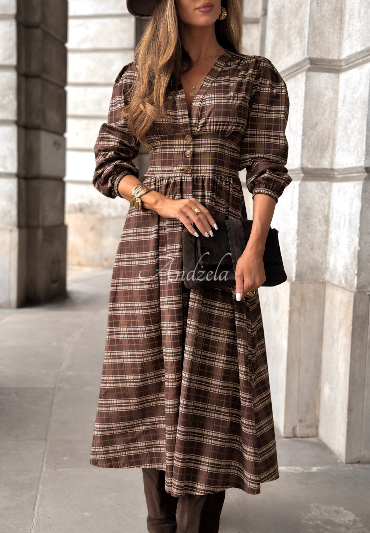 Kariertes Midikleid Watching The Sunrise Schokoladenbraun