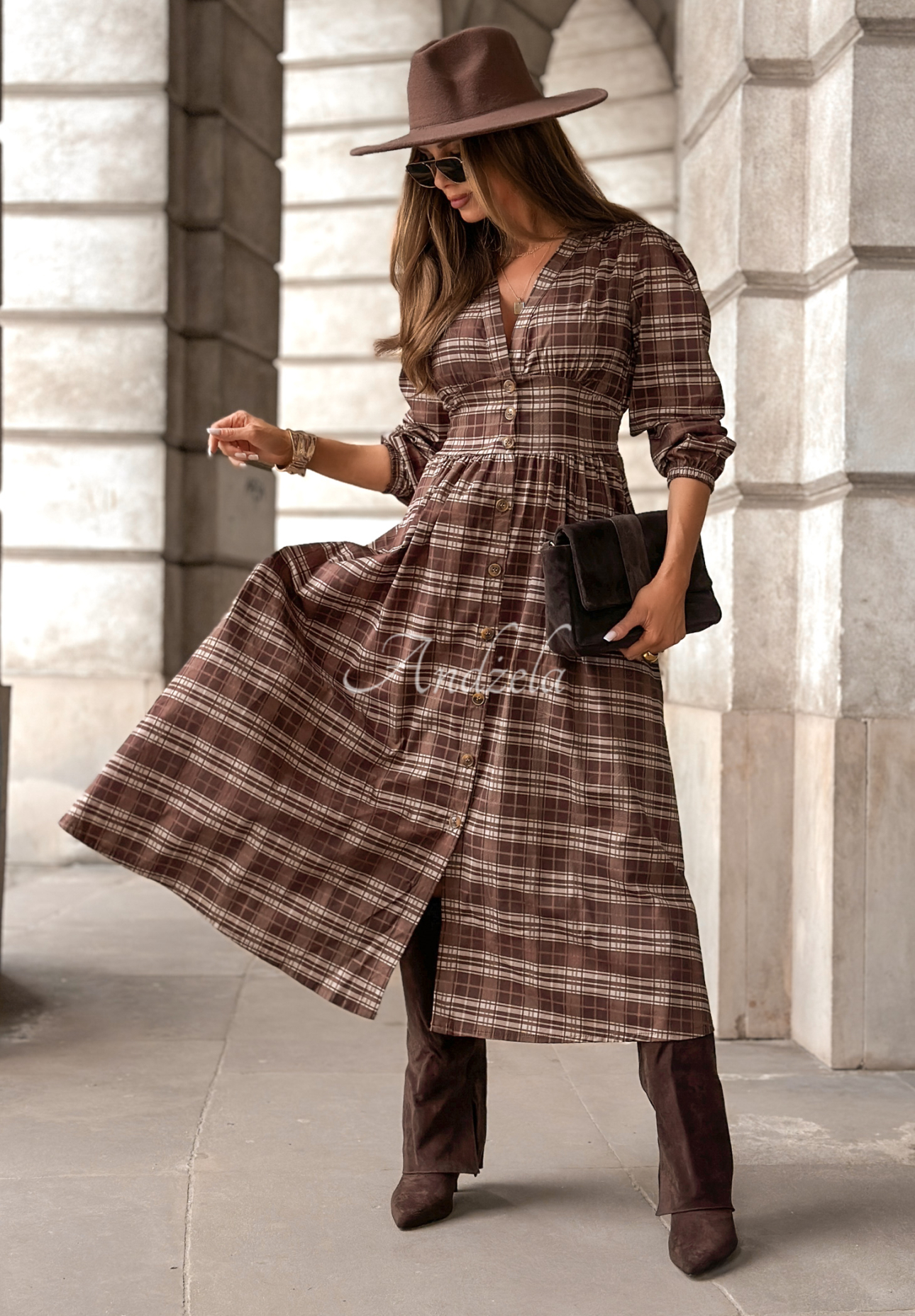 Kariertes Midikleid Watching The Sunrise Schokoladenbraun