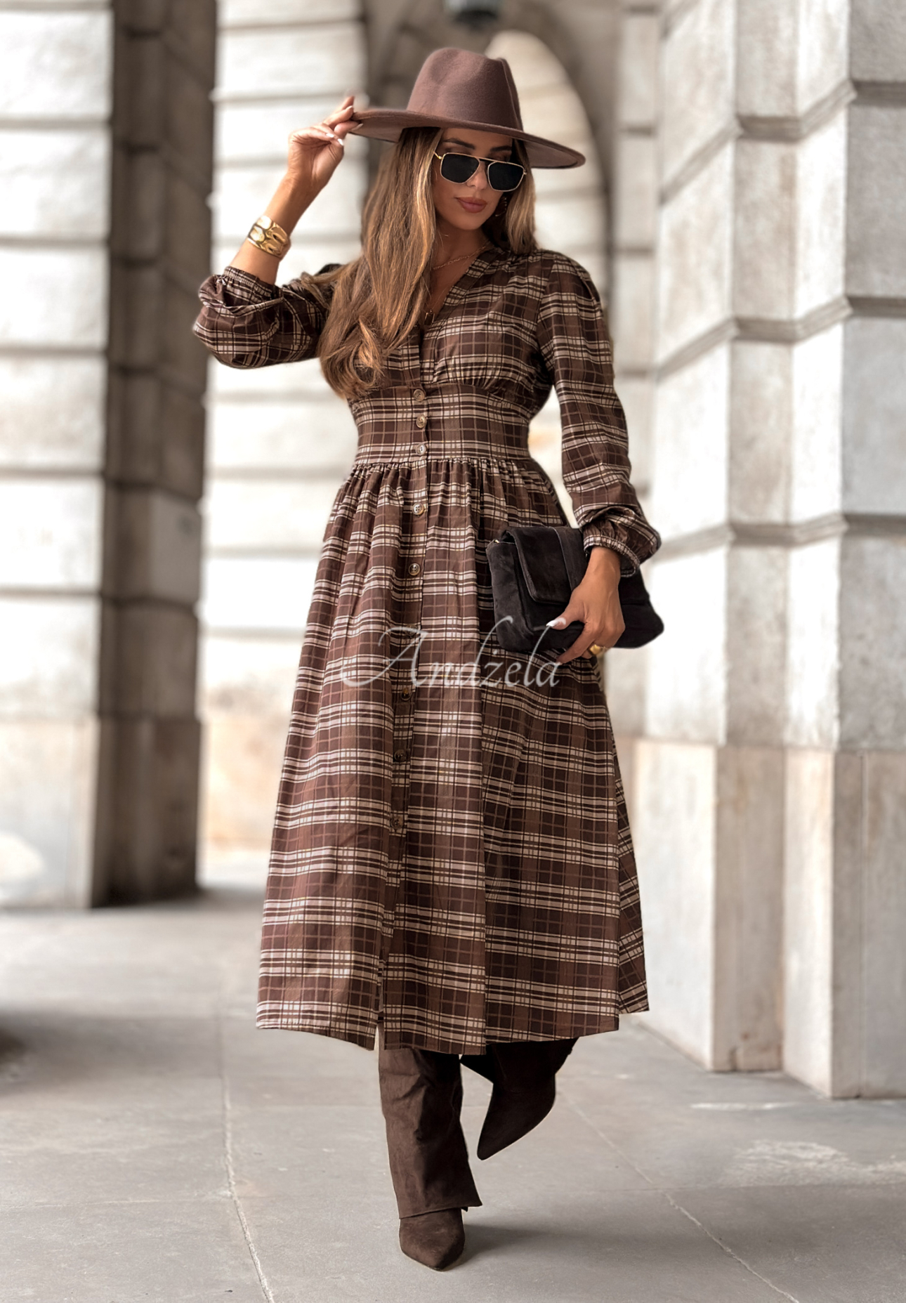 Kariertes Midikleid Watching The Sunrise Schokoladenbraun
