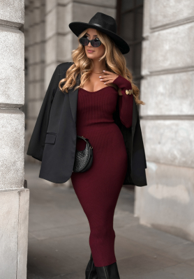 Geripptes Kleid bodycon Mrs Delusion Burgunderrot