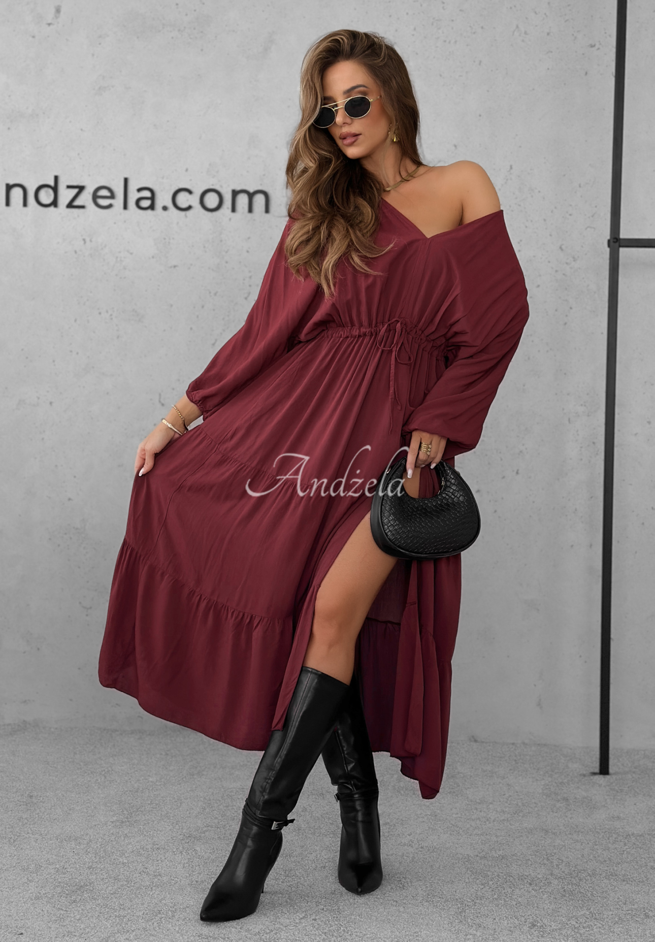 Viskose-Maxikleid mit Rüschen Colletta Burgunderrot