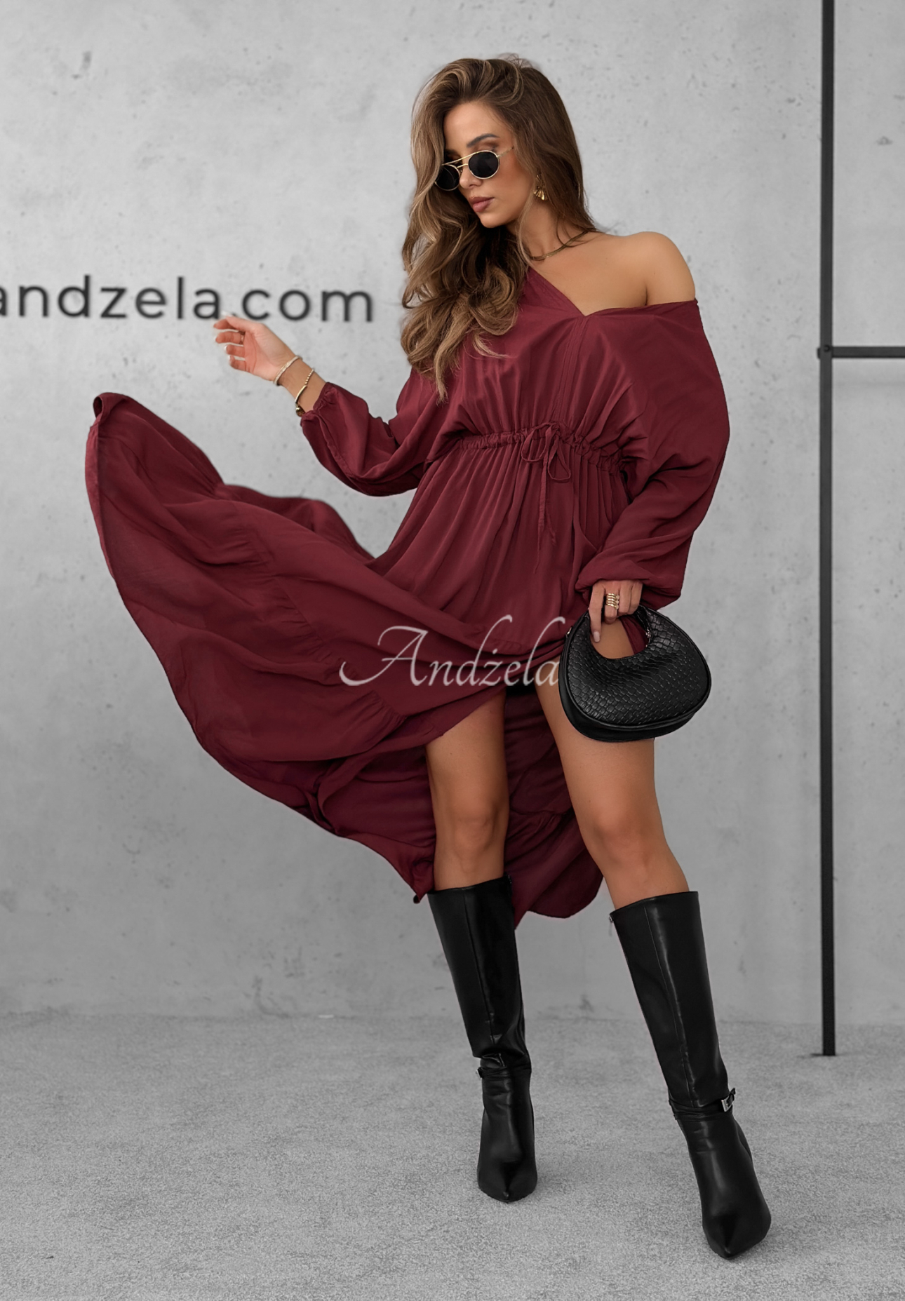 Viskose-Maxikleid mit Rüschen Colletta Burgunderrot