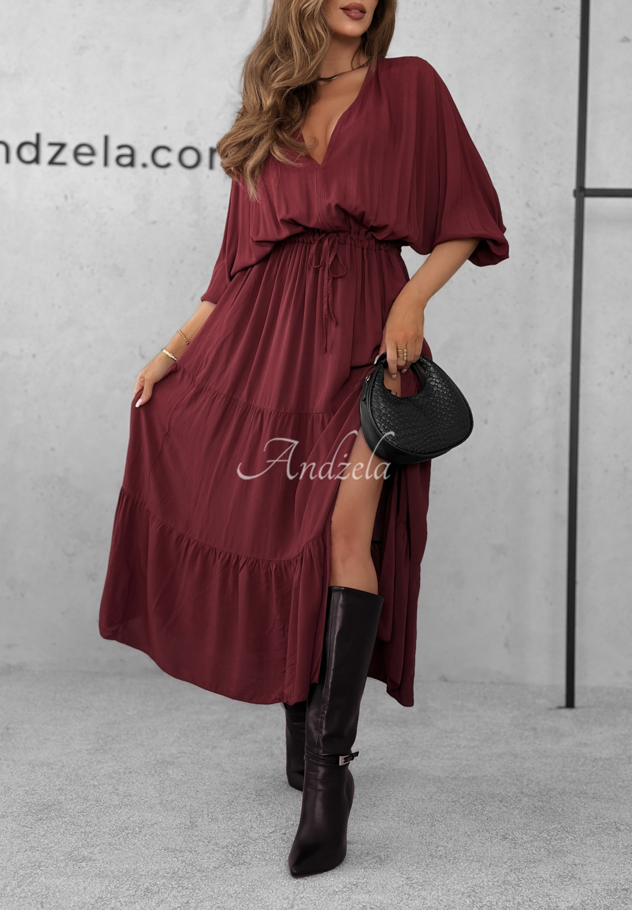 Viskose-Maxikleid mit Rüschen Colletta Burgunderrot
