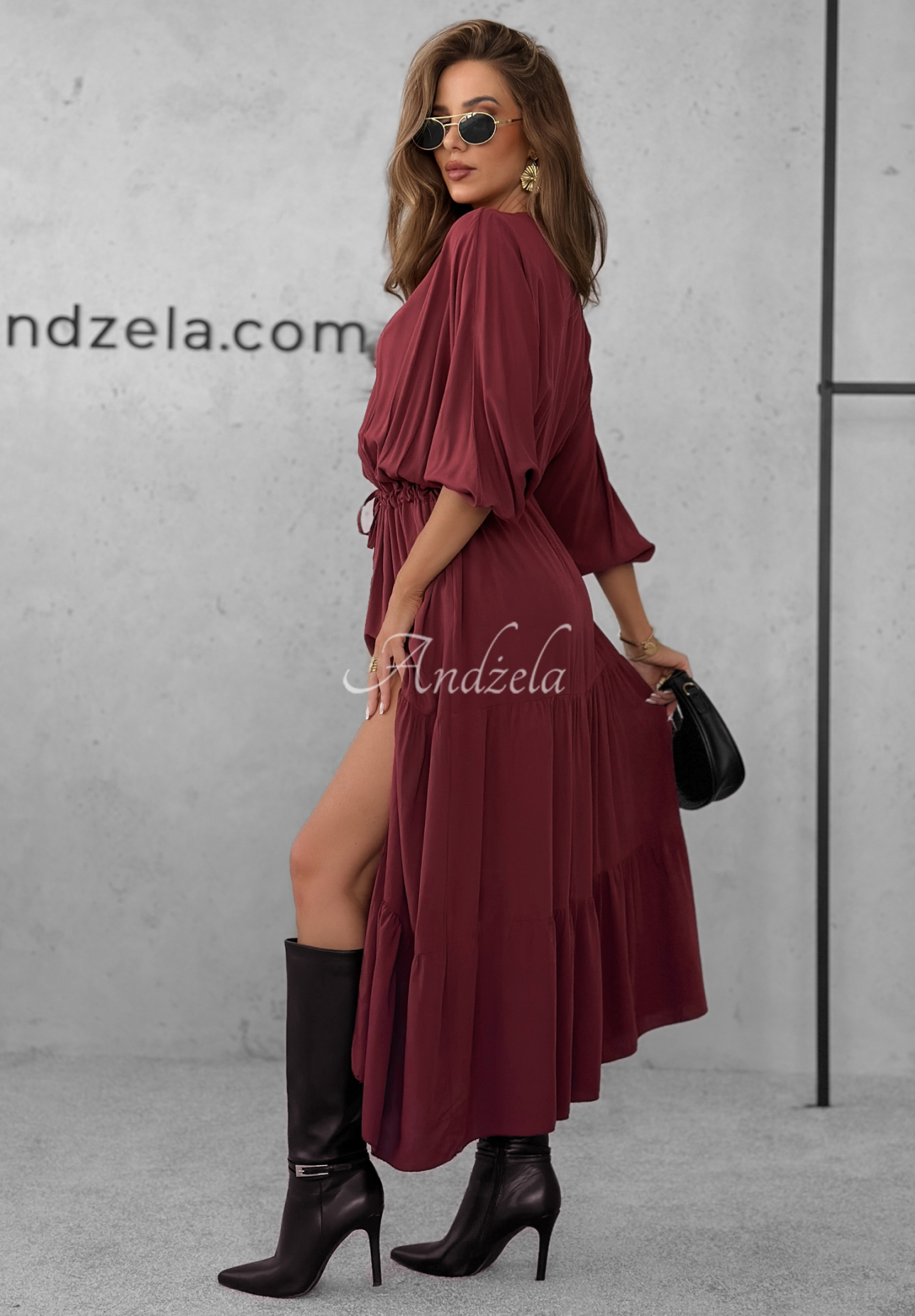 Viskose-Maxikleid mit Rüschen Colletta Burgunderrot