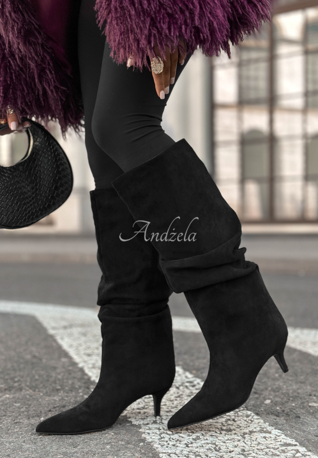 Wildlederstiefel mit R&uuml;schen auf hohem Absatz Little Bit Foggy Schwarz