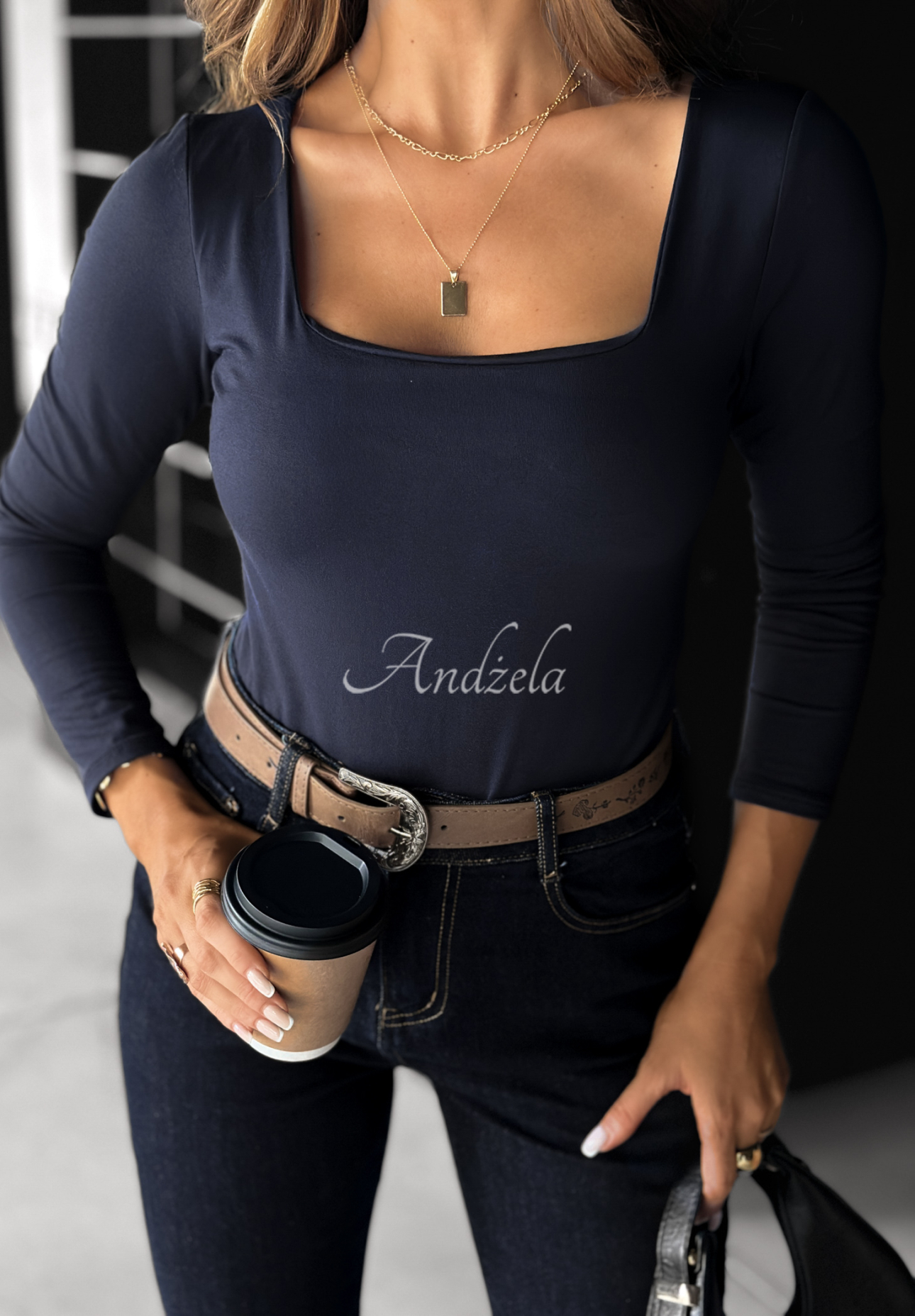 Viskosebluse mit quadratischem Ausschnitt Just Checking Dunkelblau