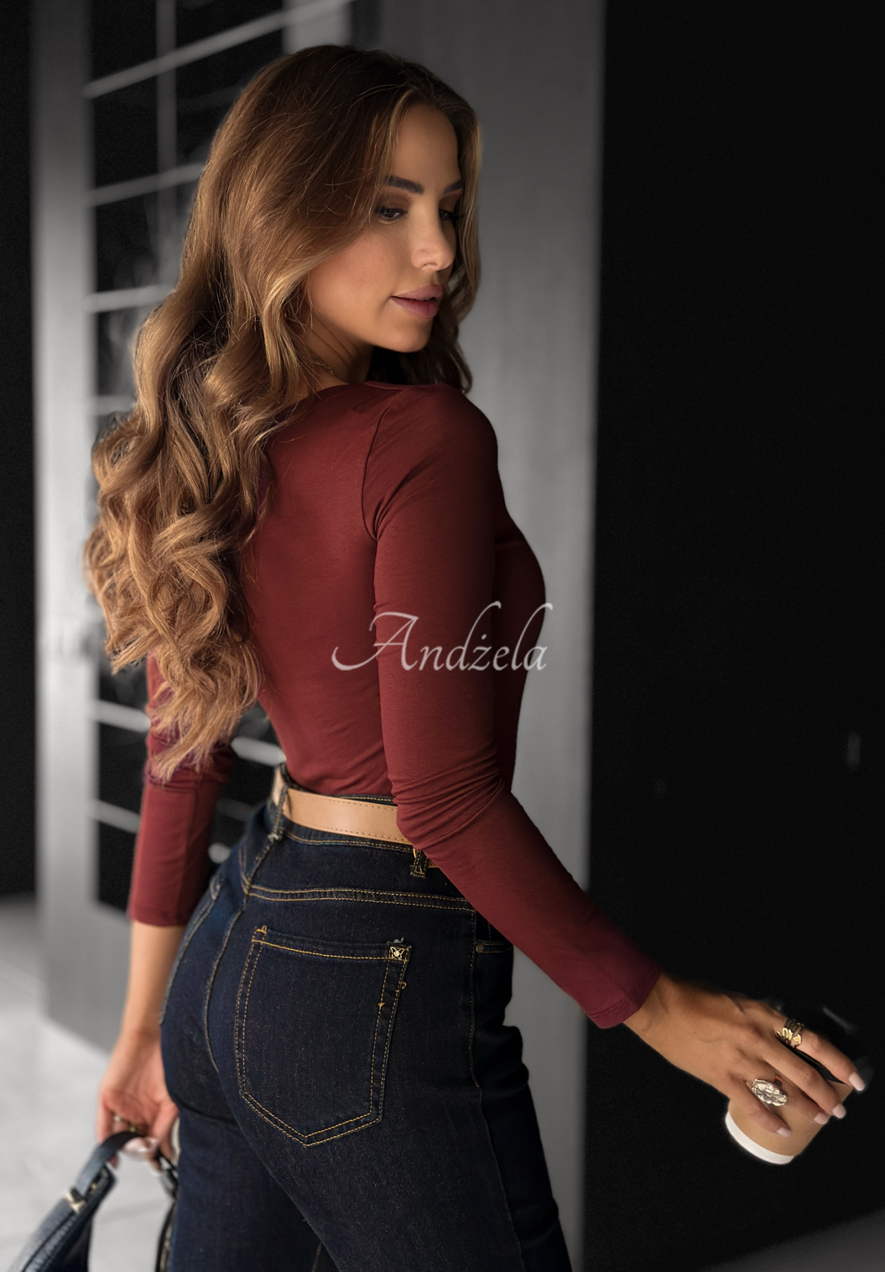 Viskosebluse mit quadratischem Ausschnitt Just Checking Burgunderrot