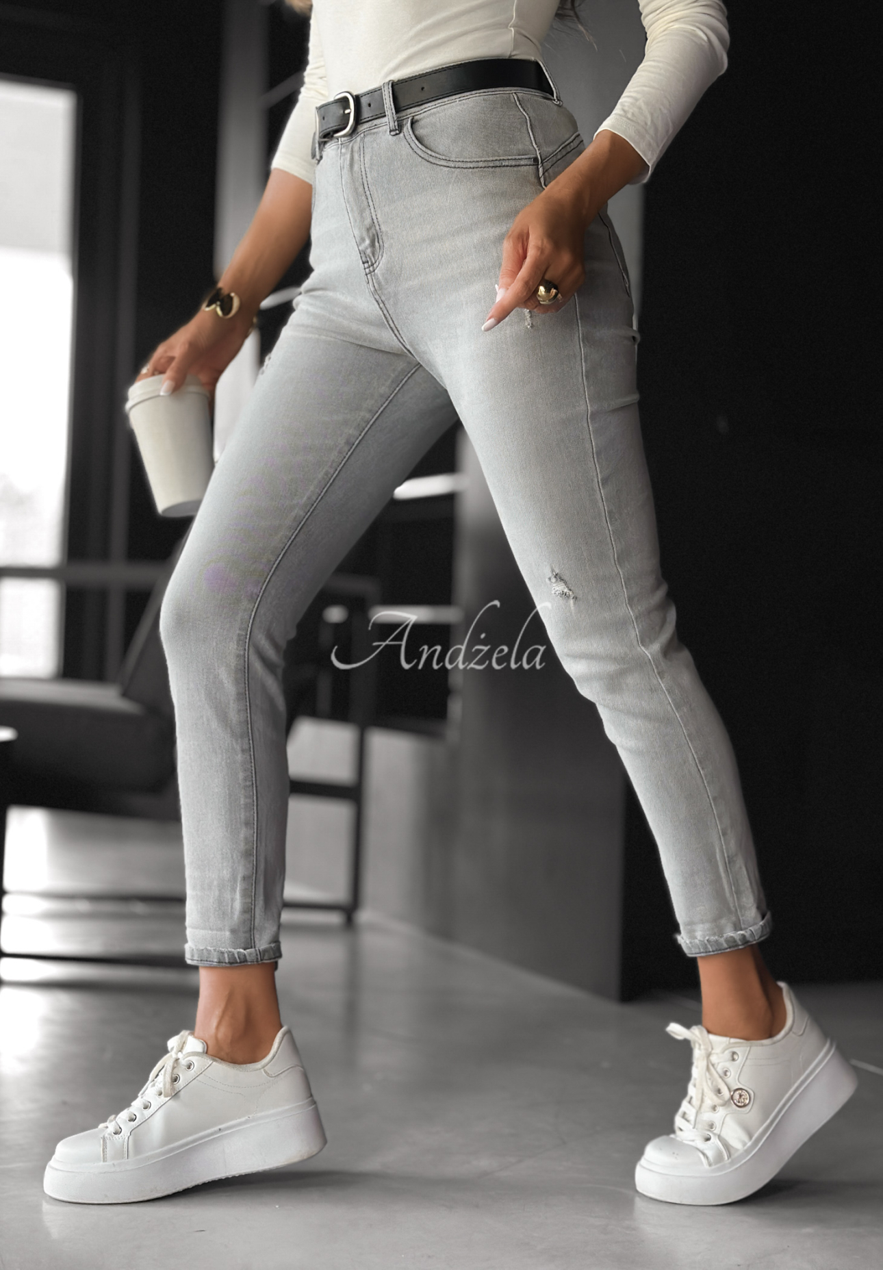 Jeans loose fit pants with belt Not Even Close grey