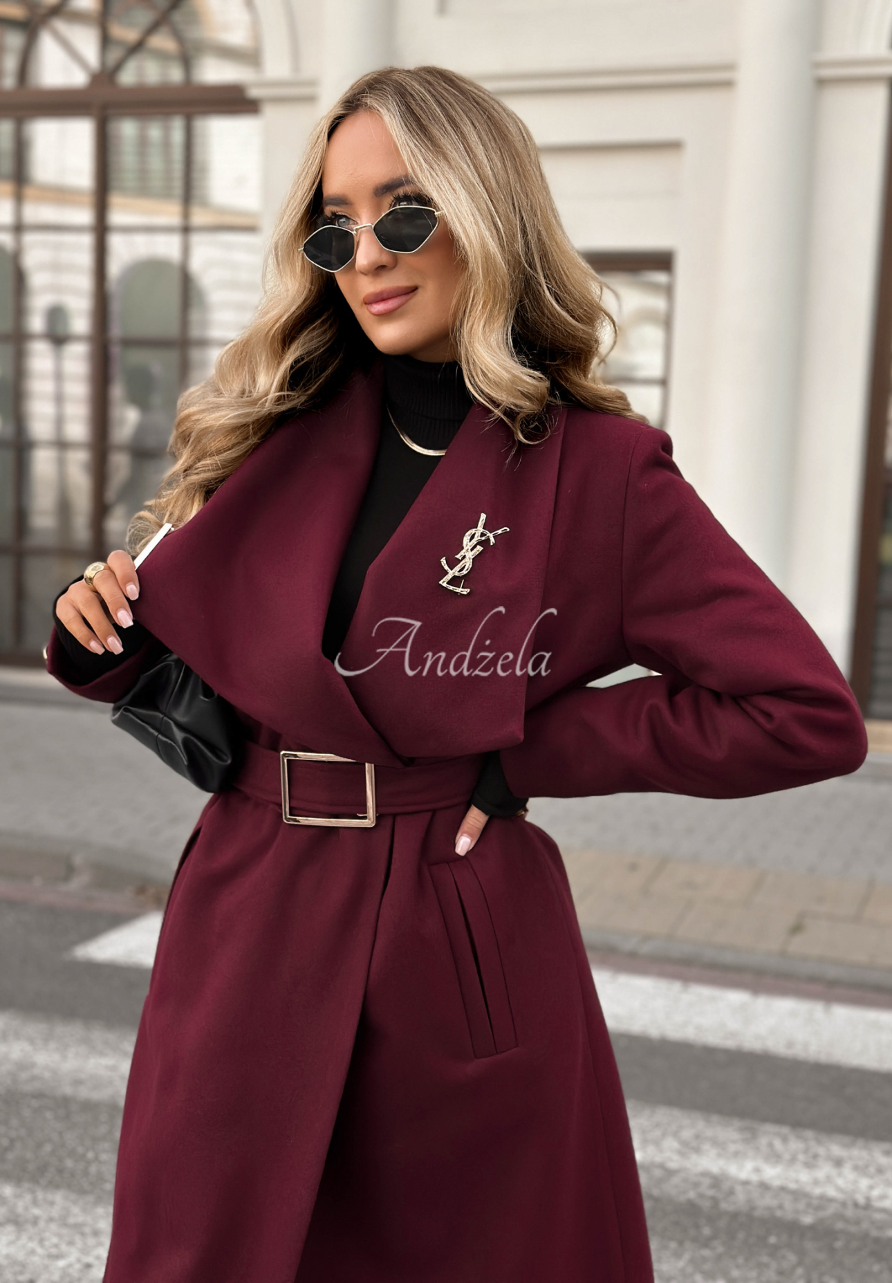 Long wool coat with belt Always Yours burgundy