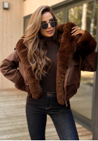 Kurze Lederjacke mit Fellimitat Feeling October Schokoladenbraun