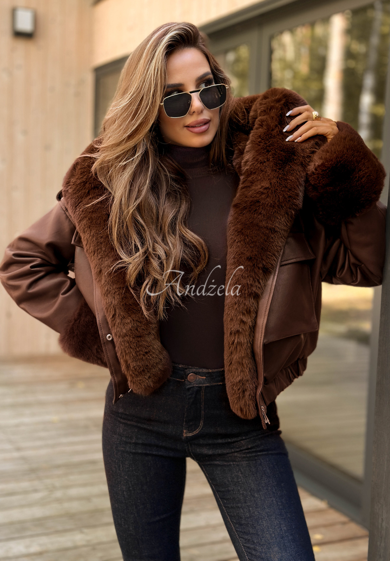 Kurze Lederjacke mit Fellimitat Feeling October Schokoladenbraun