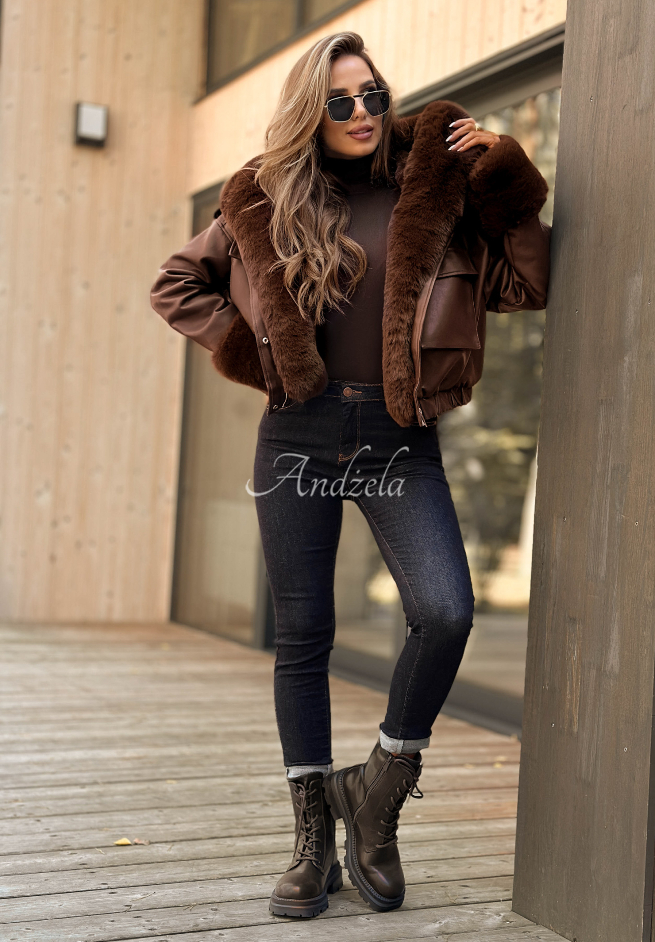 Kurze Lederjacke mit Fellimitat Feeling October Schokoladenbraun
