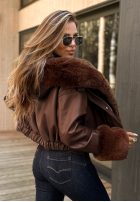 Kurze Lederjacke mit Fellimitat Feeling October Schokoladenbraun