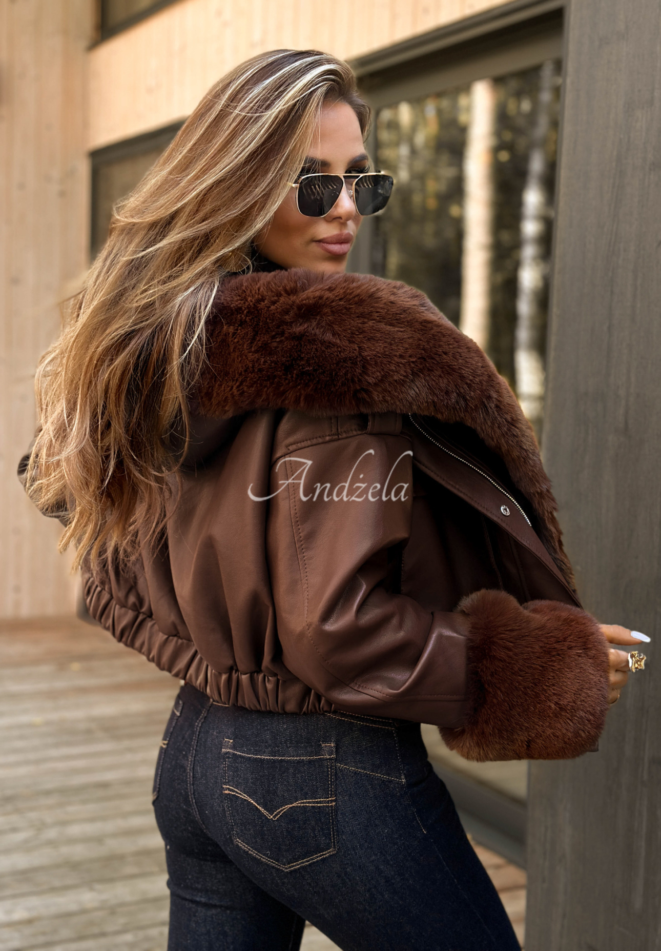 Kurze Lederjacke mit Fellimitat Feeling October Schokoladenbraun