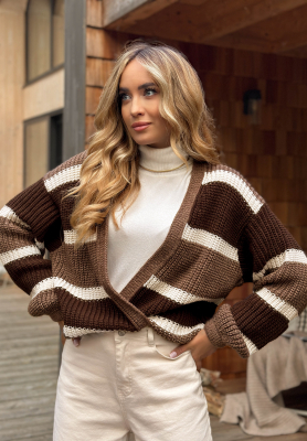 Kurzer gestreifter Cardigan Moments Like This Beige-Schokoladenbraun