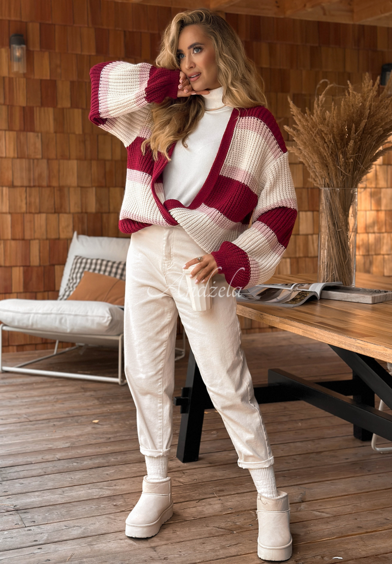 Kurzer gestreifter Cardigan Moments Like This burgunderrot-rosa