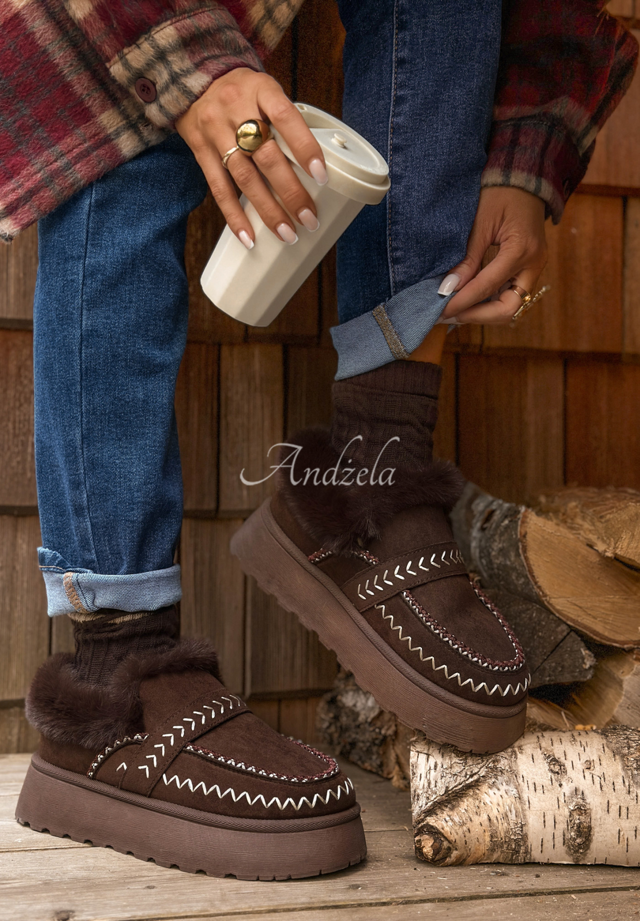 Wildlederstiefeletten mit Fell Walking On Leaves Schokoladenbraun