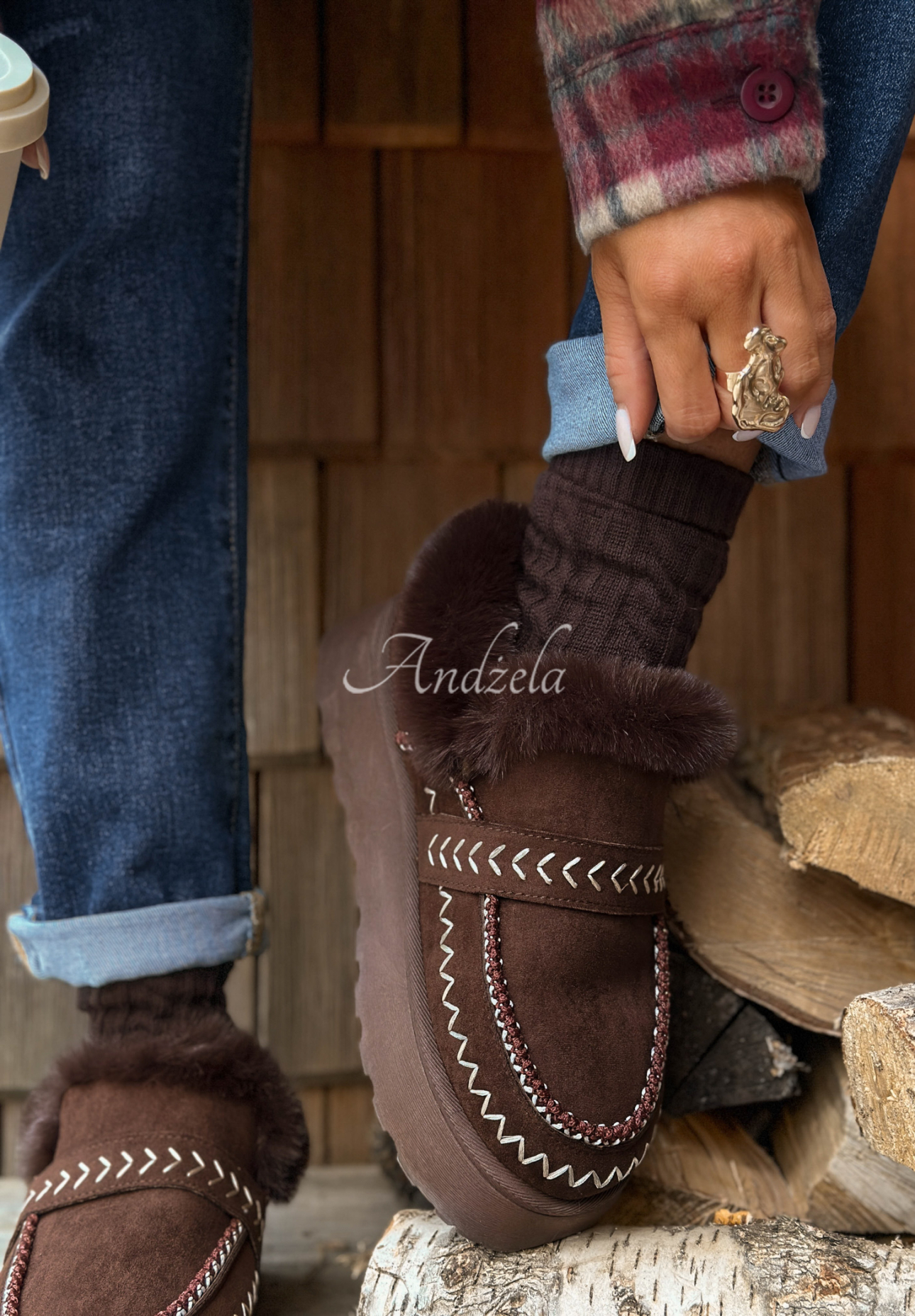 Wildlederstiefeletten mit Fell Walking On Leaves Schokoladenbraun