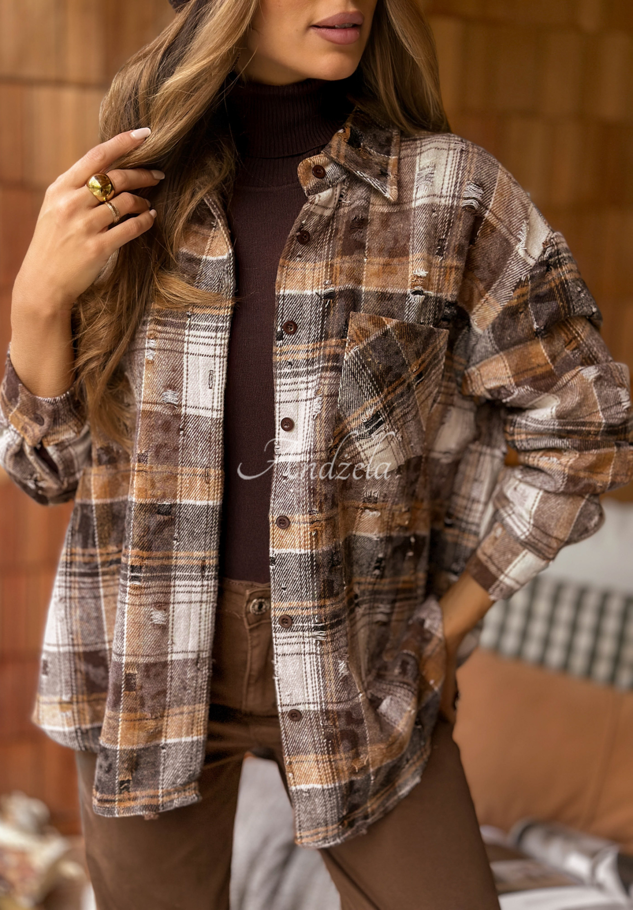 Kariertes Baumwollhemd mit Distressed-Details  After It Rained Camel