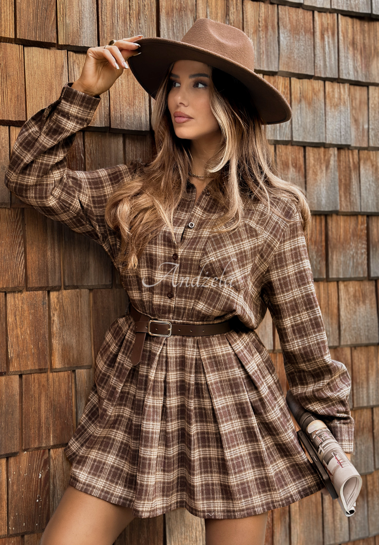 Kariertes Hemdblusenkleid aus Baumwolle Sound Of Leaves Schokoladenbraun