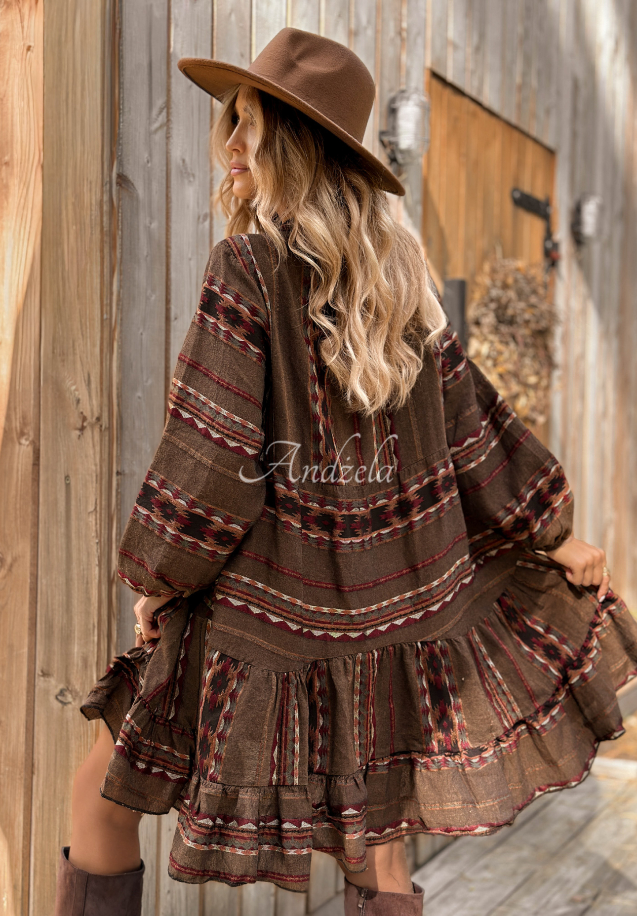 Gemustertes Baumwollkleid Past Version Schokoladenbraun