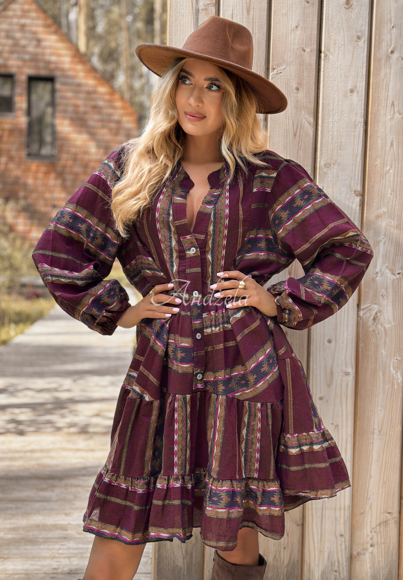 Past Version burgundy cotton patterned dress