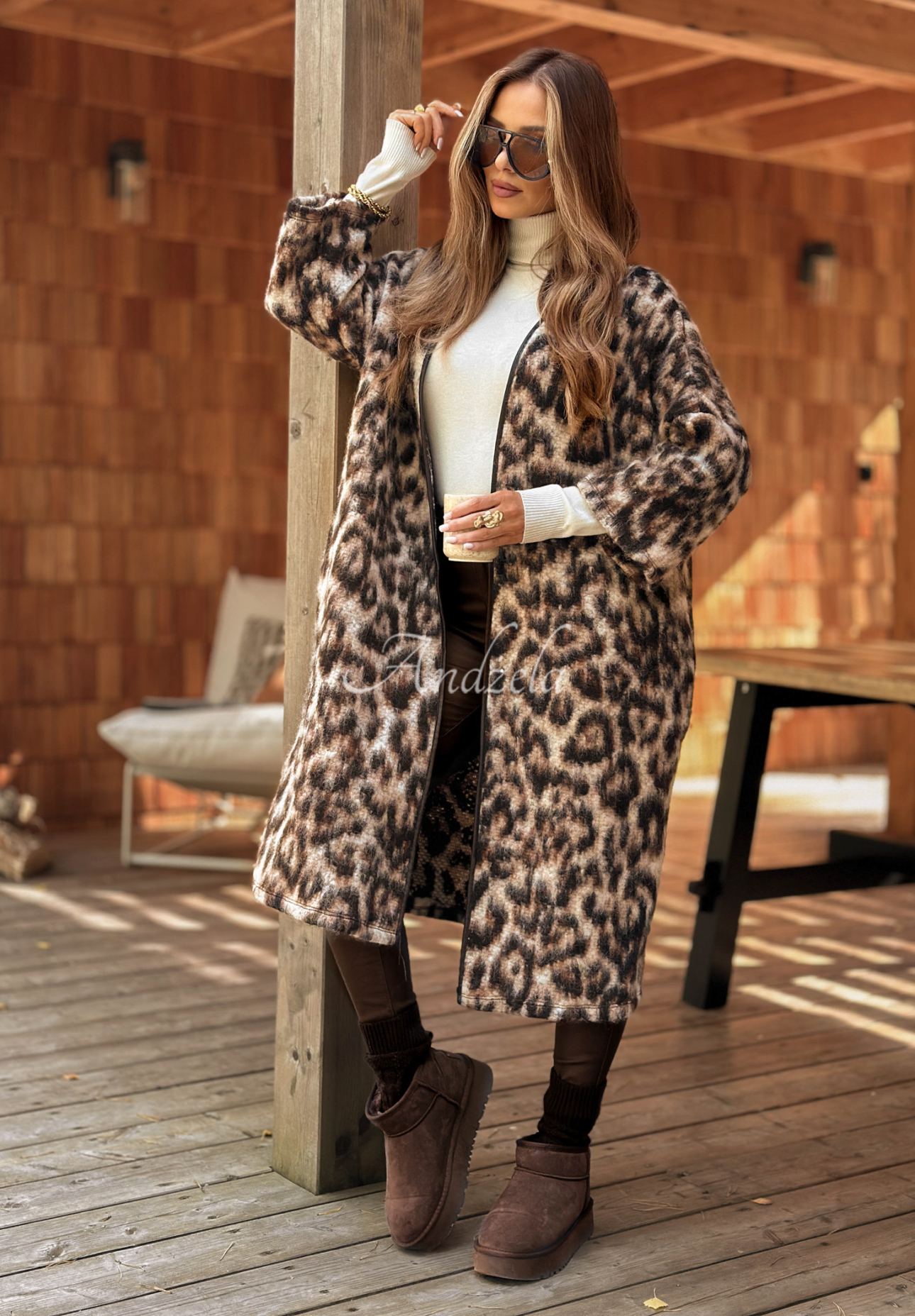 Langer Wollcardigan mit Leopardenmuster Sultry Fave Beige