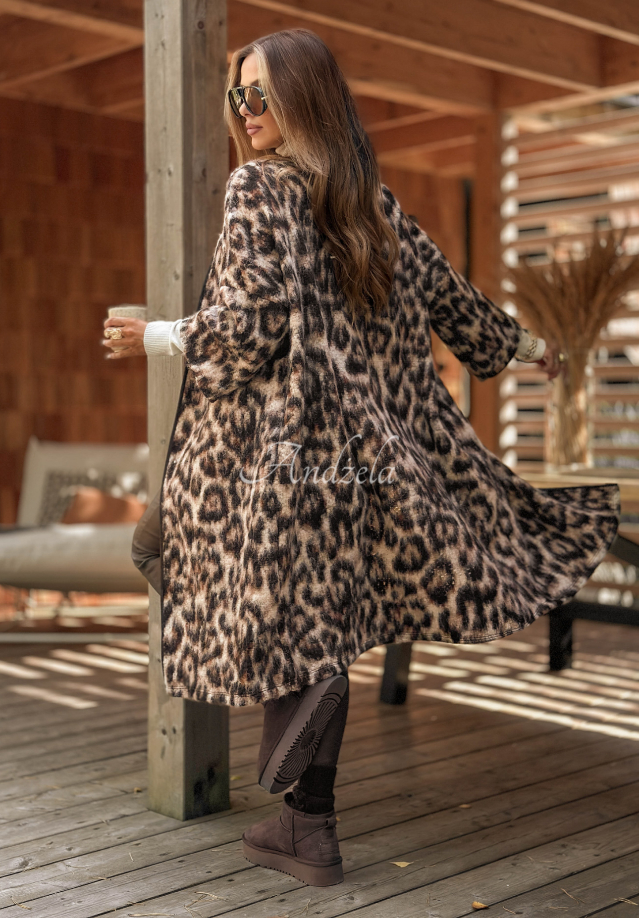 Langer Wollcardigan mit Leopardenmuster Sultry Fave Beige