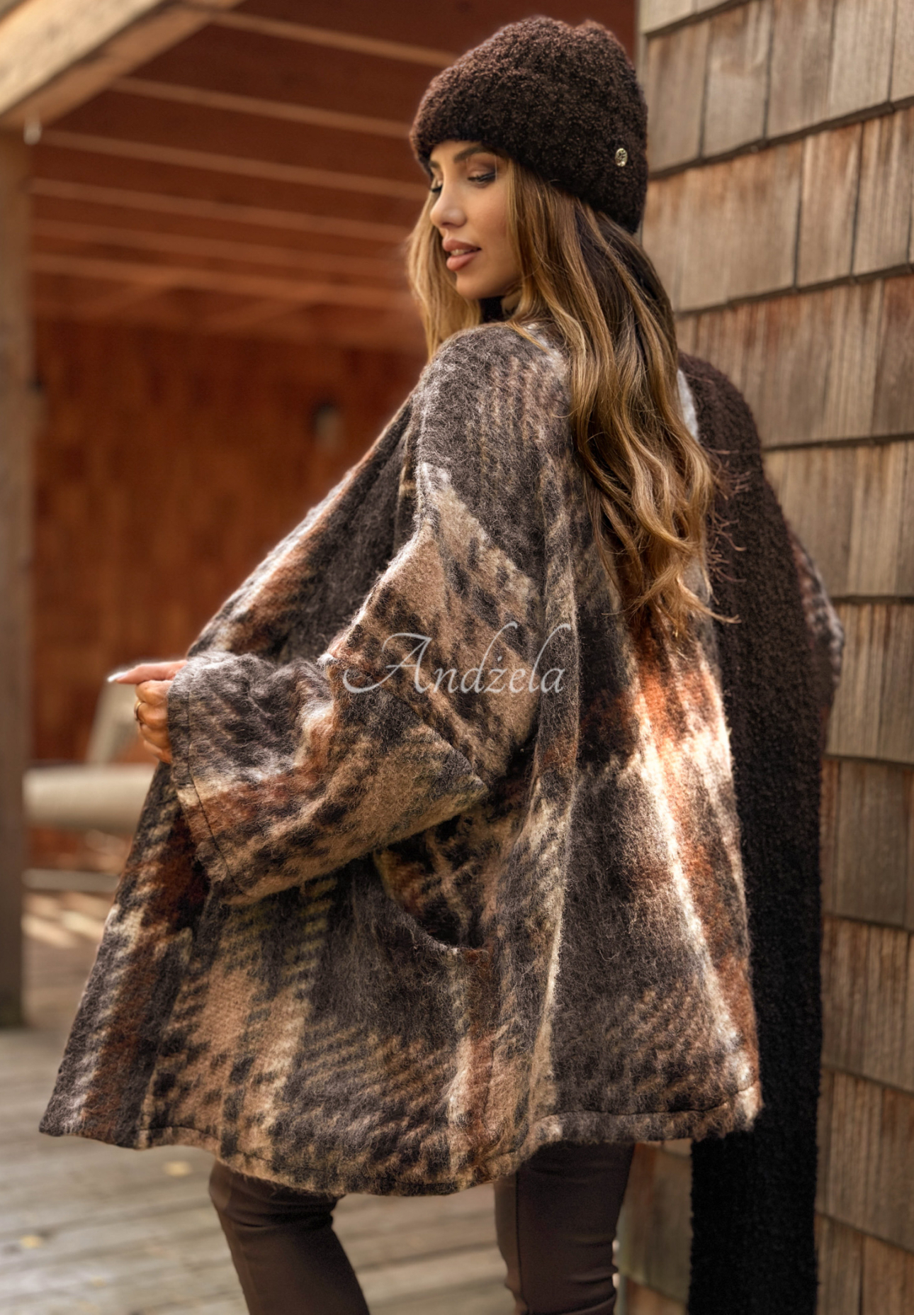 Karierter Wollcardigan Dawson City Schokoladenbraun