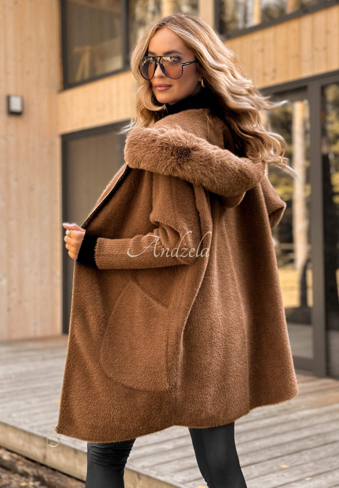 Langer Wollmantel Alpaka mit Angora Be With Me Schokoladenbraun