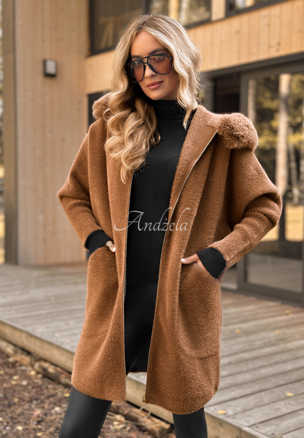 Langer Wollmantel Alpaka mit Angora Be With Me Schokoladenbraun