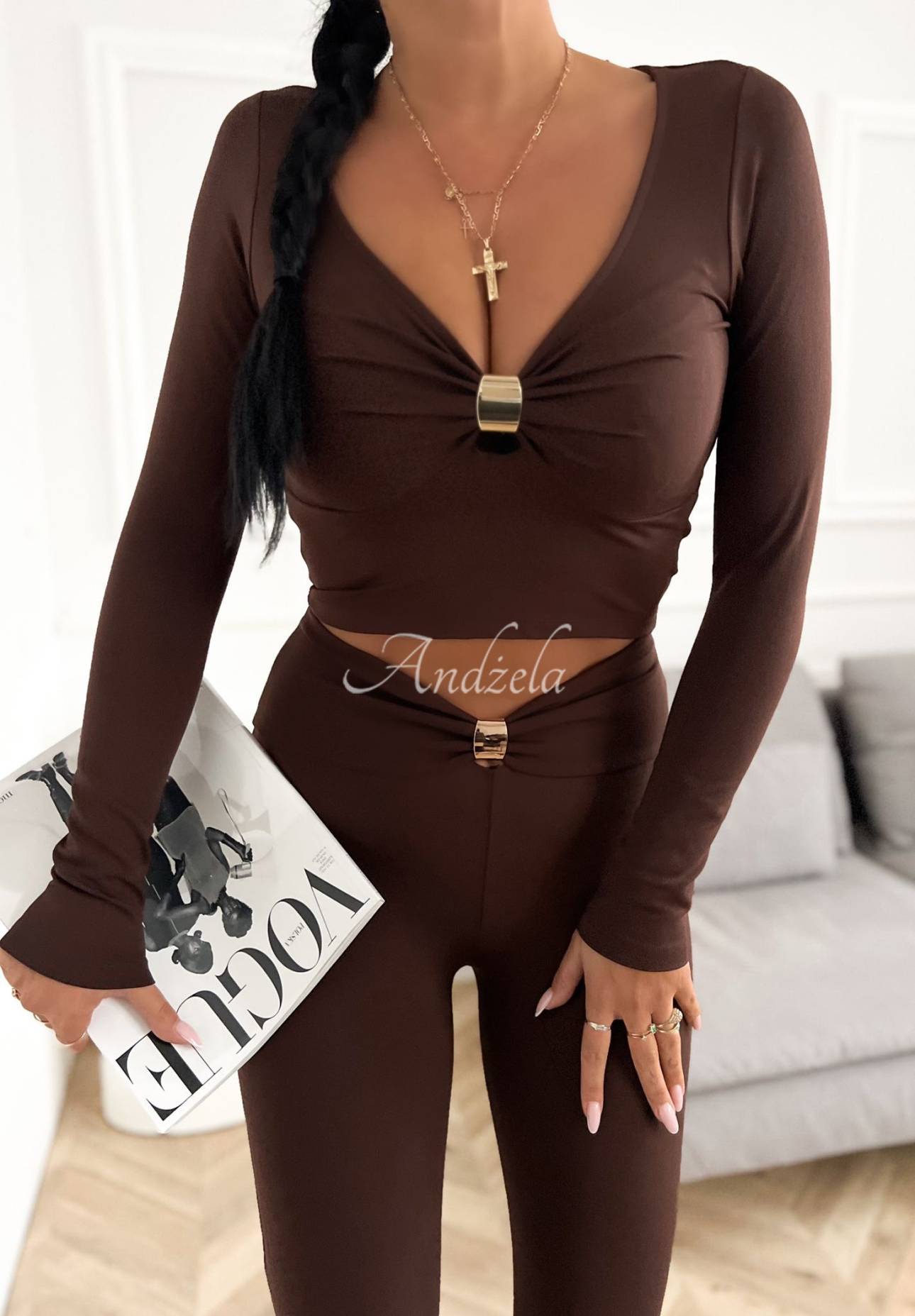 Viscose longsleeve blouse with Missed Your Text applique chocolate