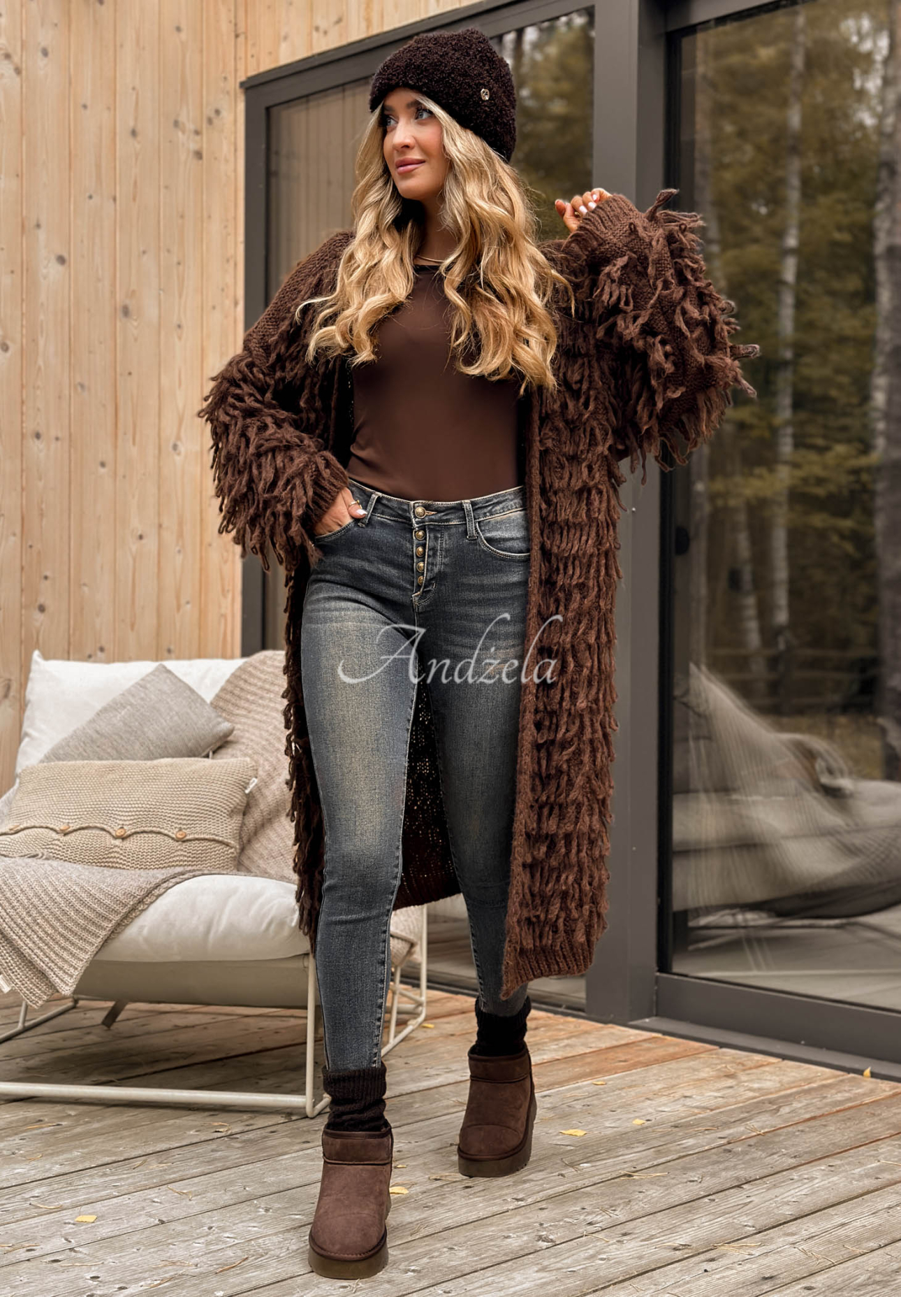 Langer Cardigan mit Fransen Fringe Schokoladenbraun