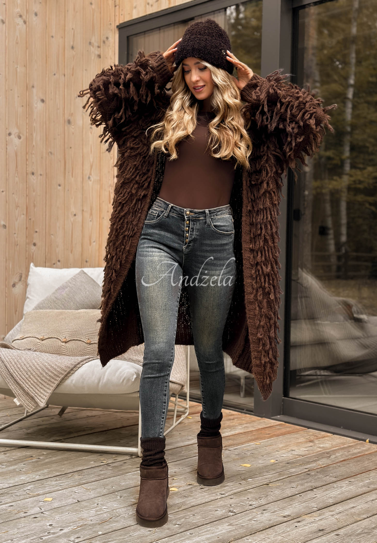 Langer Cardigan mit Fransen Fringe Schokoladenbraun