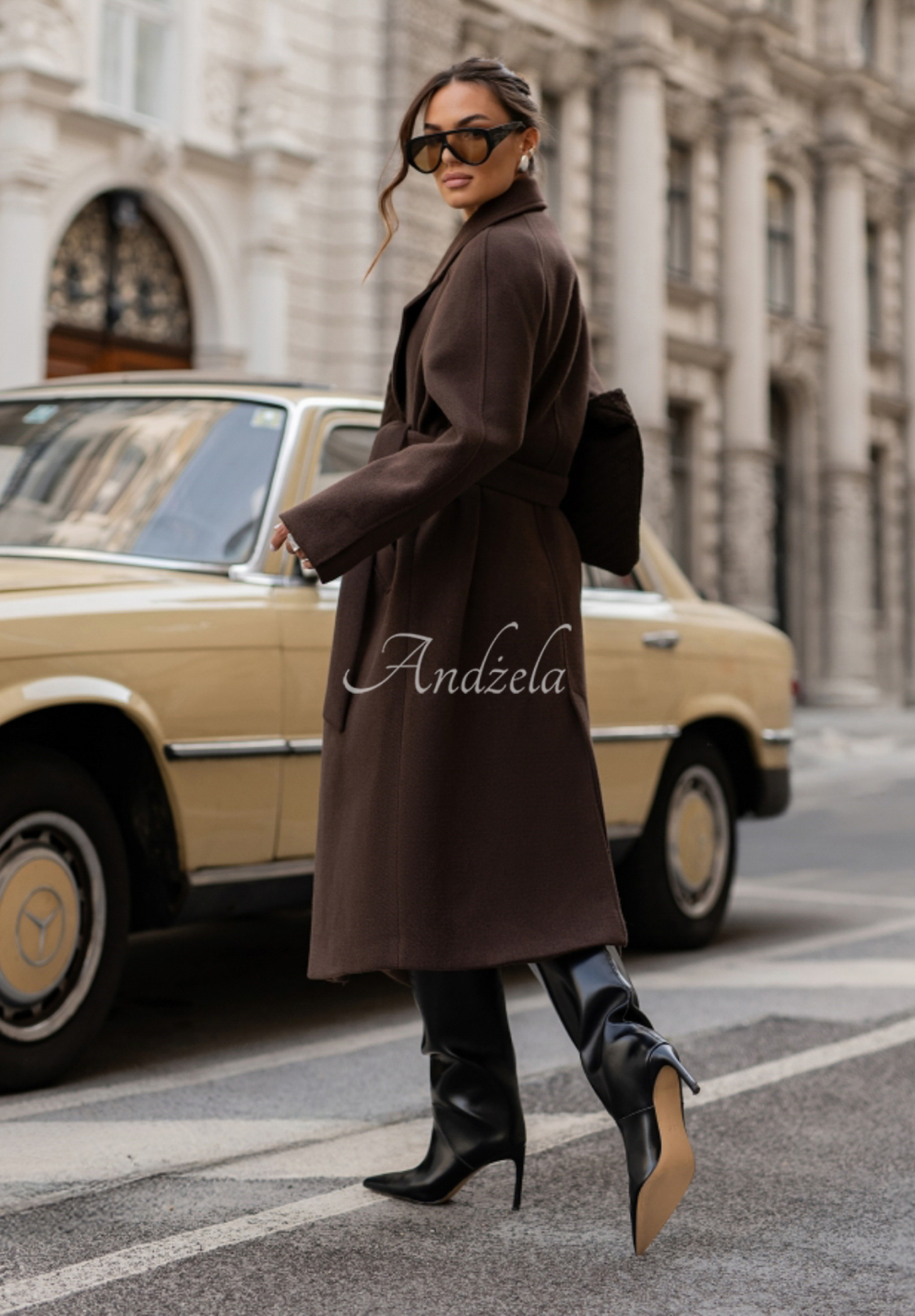 Long tied coat with viscose and wool Cocomore Clouded Sun chocolate