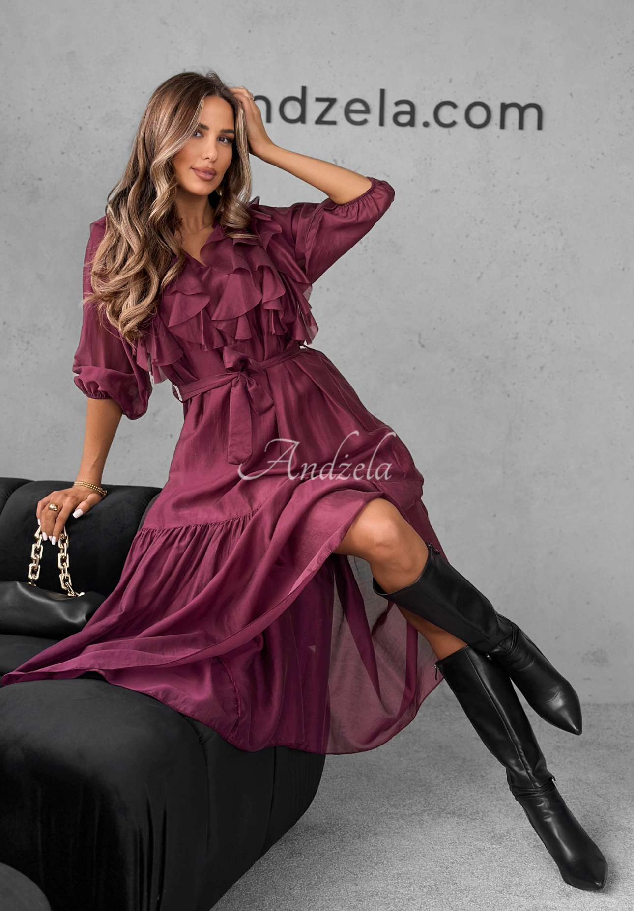 Tencel-Kleid mit Rüschen Something Begin Burgunderrot