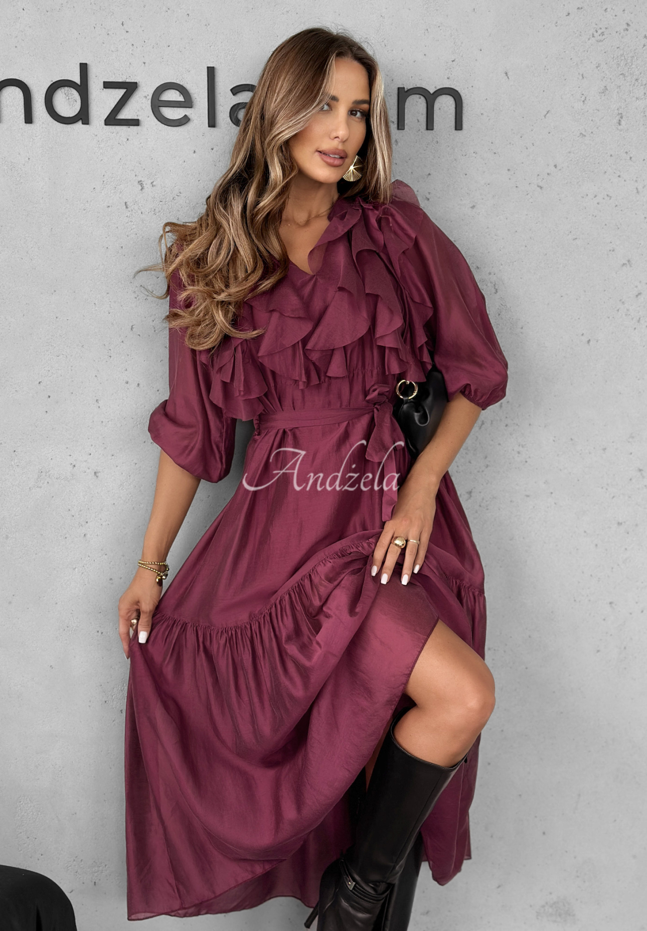 Tencel-Kleid mit Rüschen Something Begin Burgunderrot