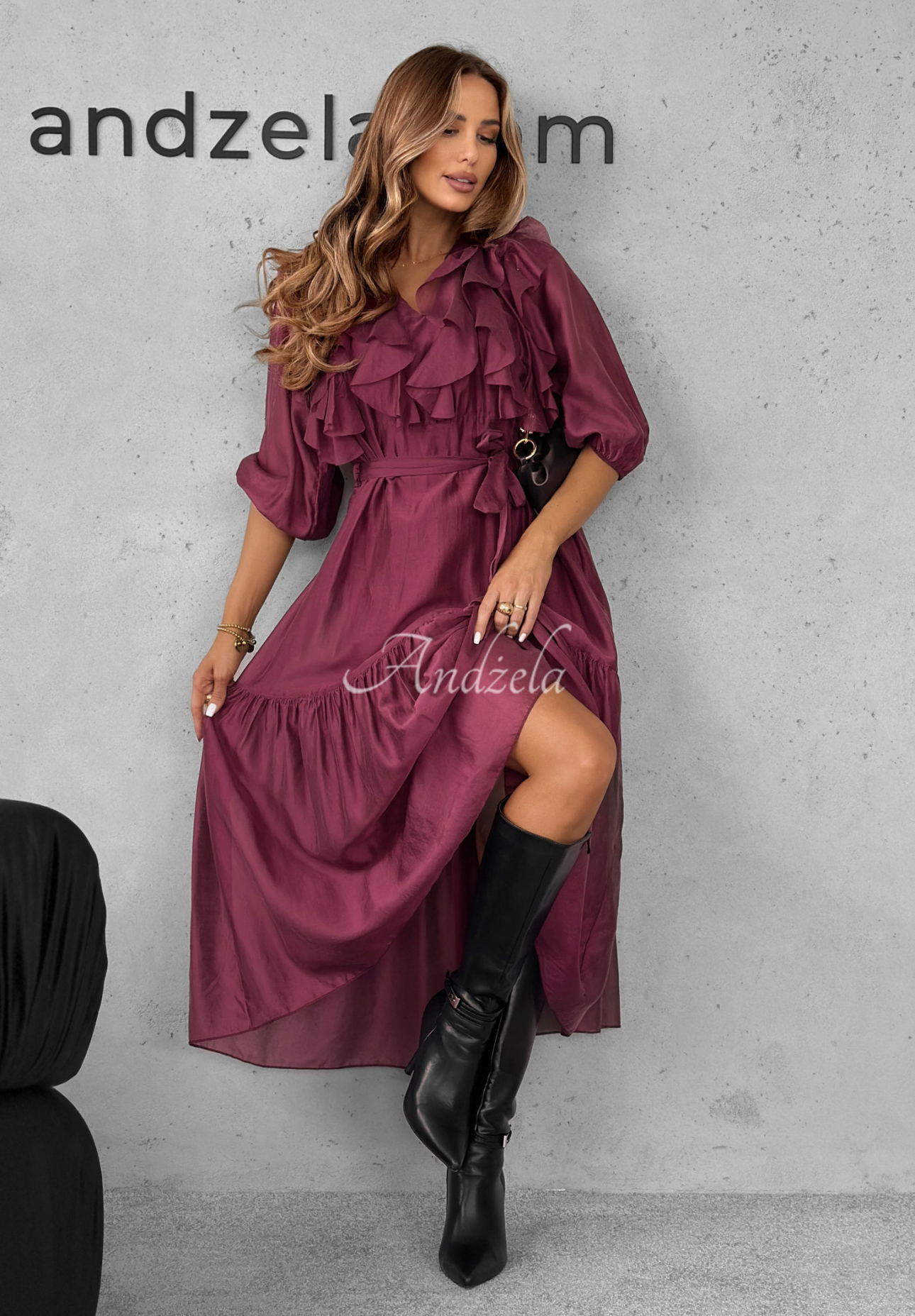 Tencel-Kleid mit Rüschen Something Begin Burgunderrot