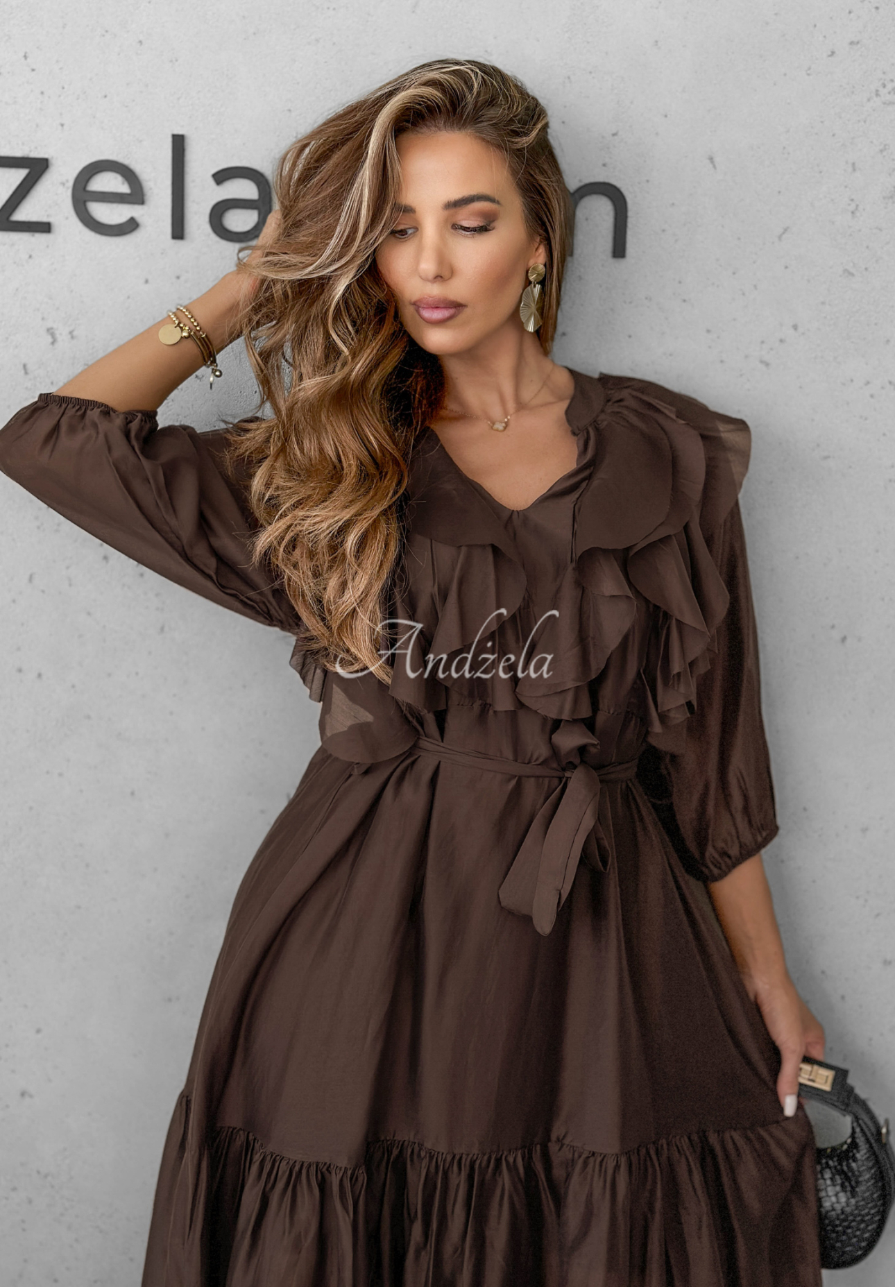 Tencel-Kleid mit Rüschen Something Begin Schokoladenbraun