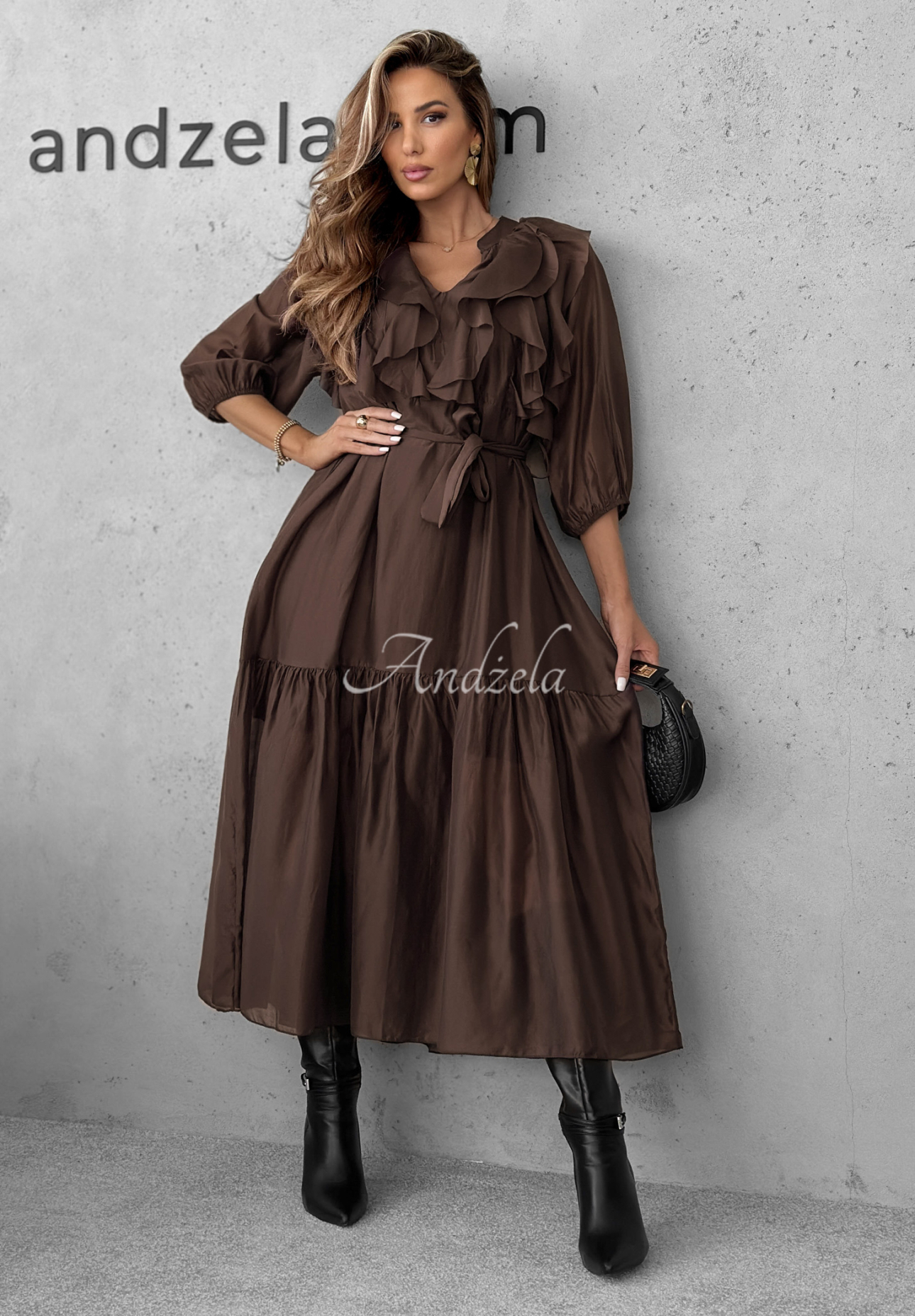 Tencel-Kleid mit Rüschen Something Begin Schokoladenbraun