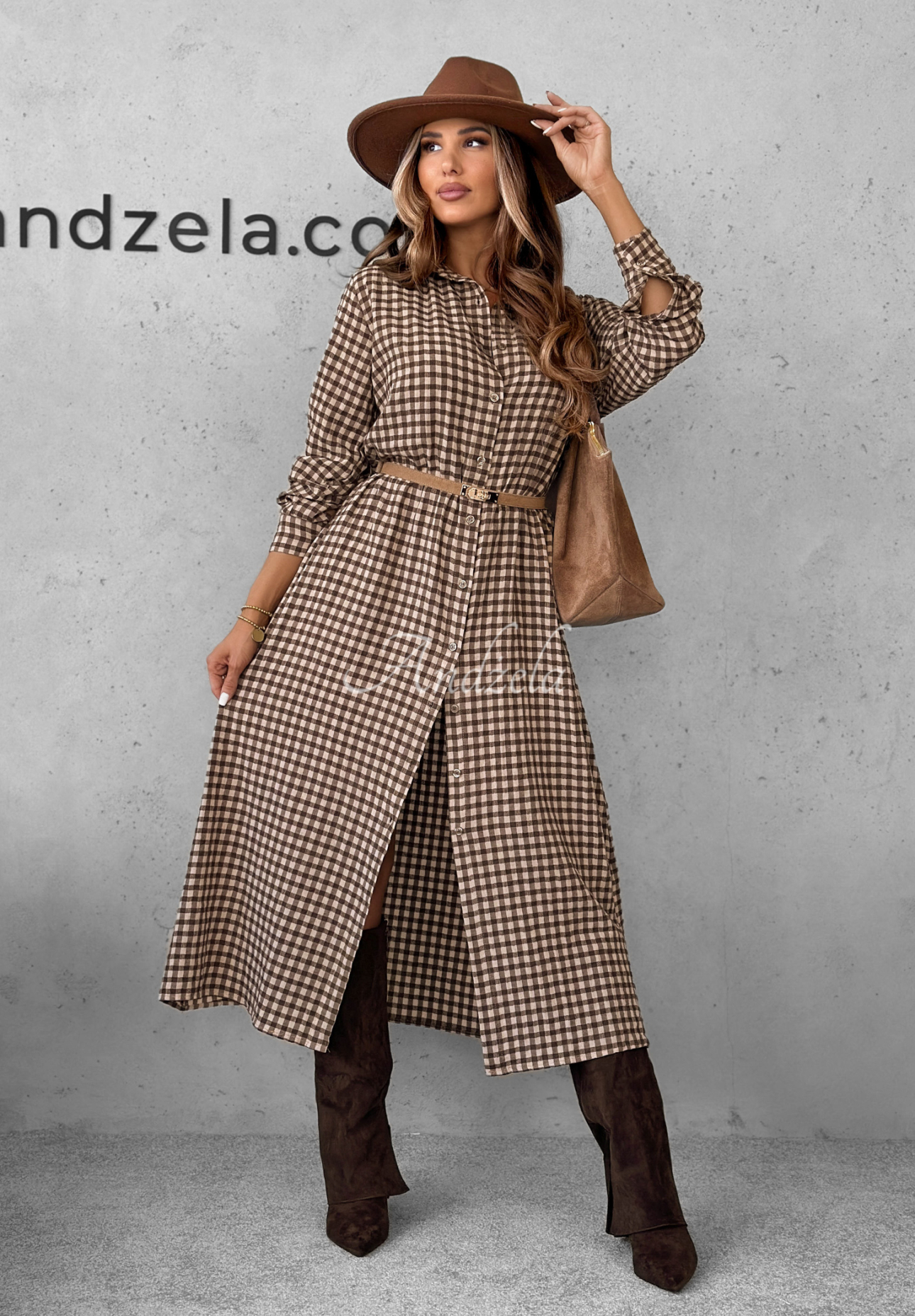 Kariertes Midikleid aus Viskose Trust Me Schokoladenbraun