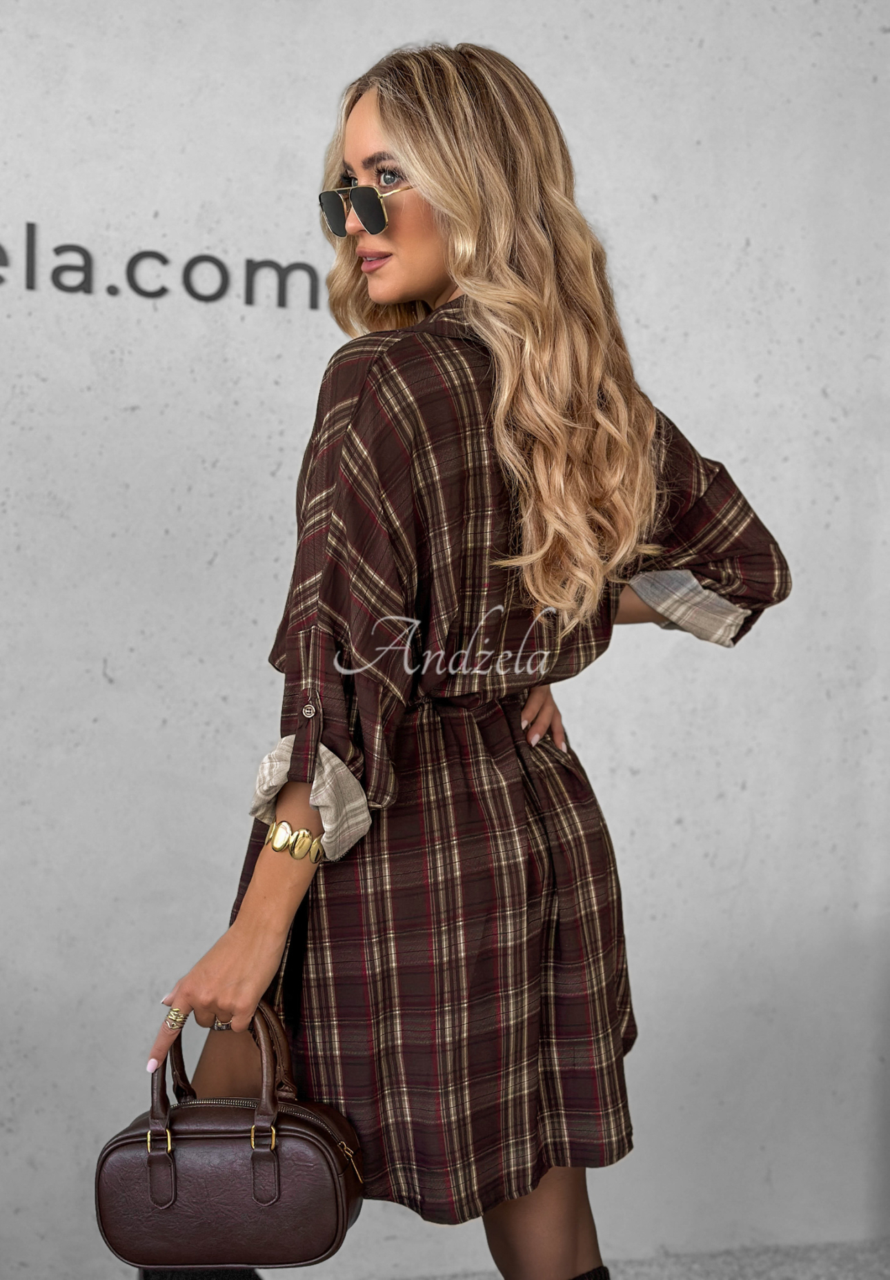 Kariertes Hemdblusenkleid aus Viskose Autumn Central Park Schokoladenbraun