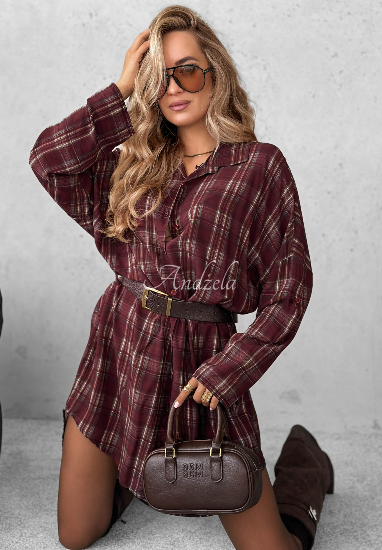 Kariertes Hemdblusenkleid aus Viskose Autumn Central Park Burgunderrot