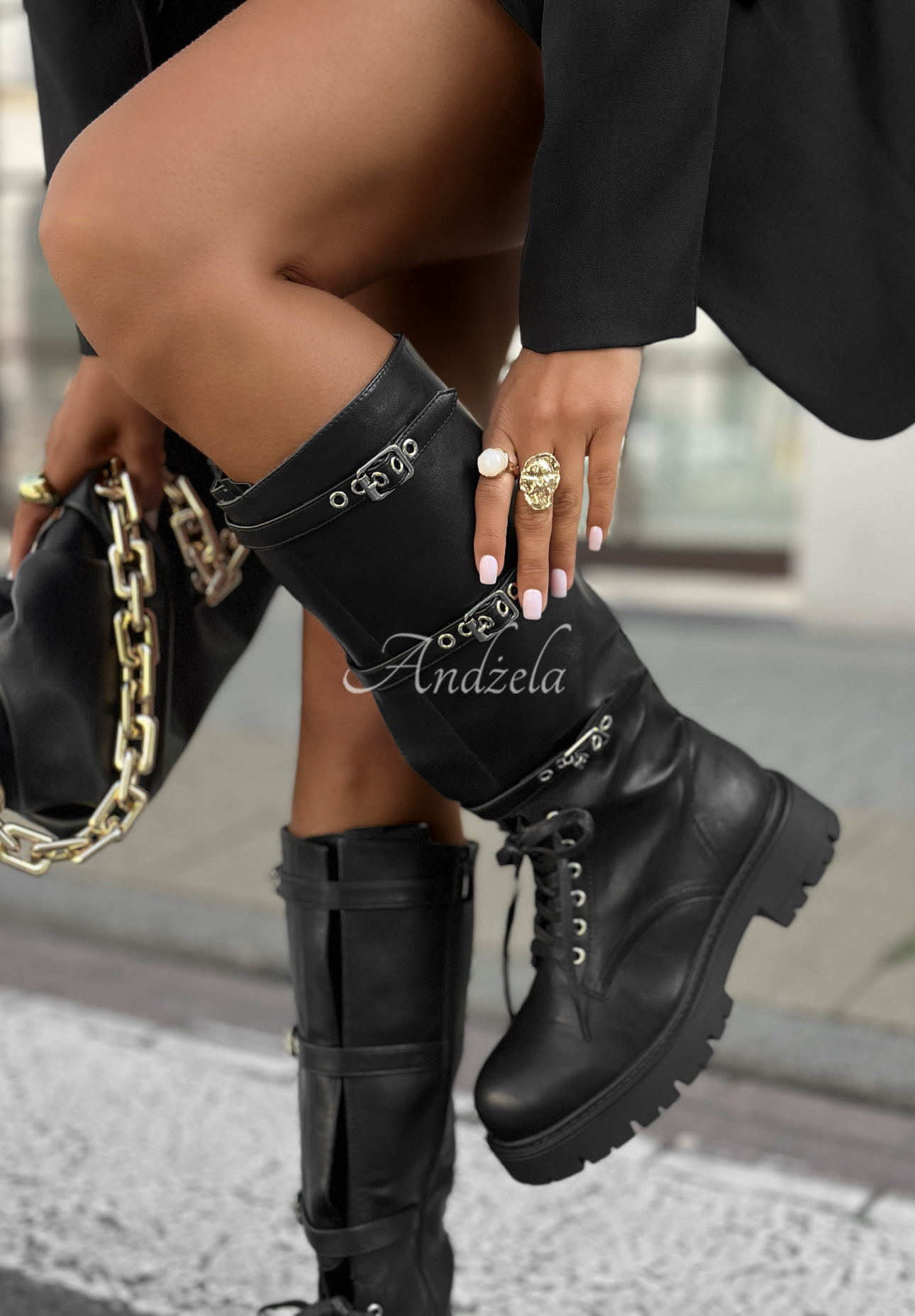 Leder-Workerstiefel mit Schnallen Delete Contact Schwarz