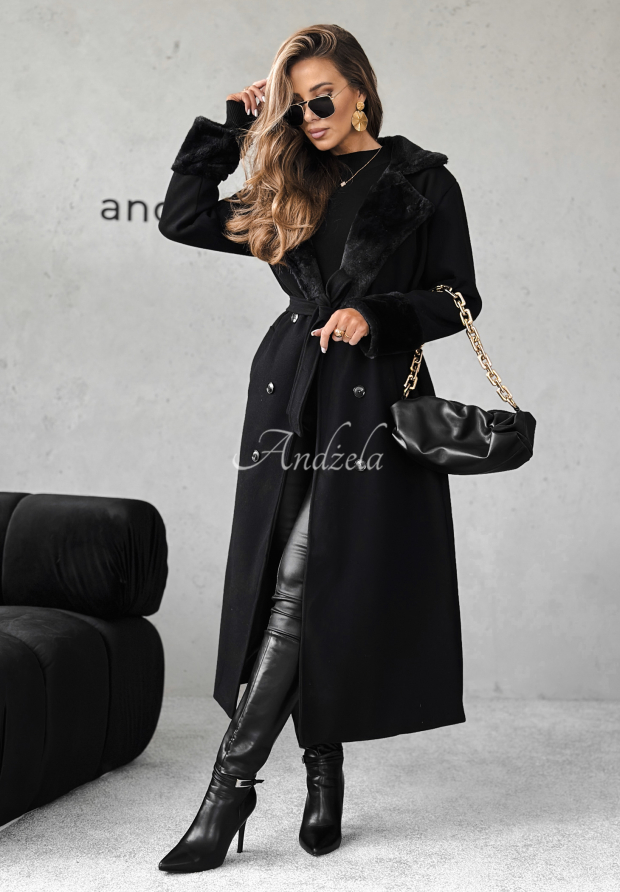 Langer Mantel mit Fell Not My Fault Schwarz