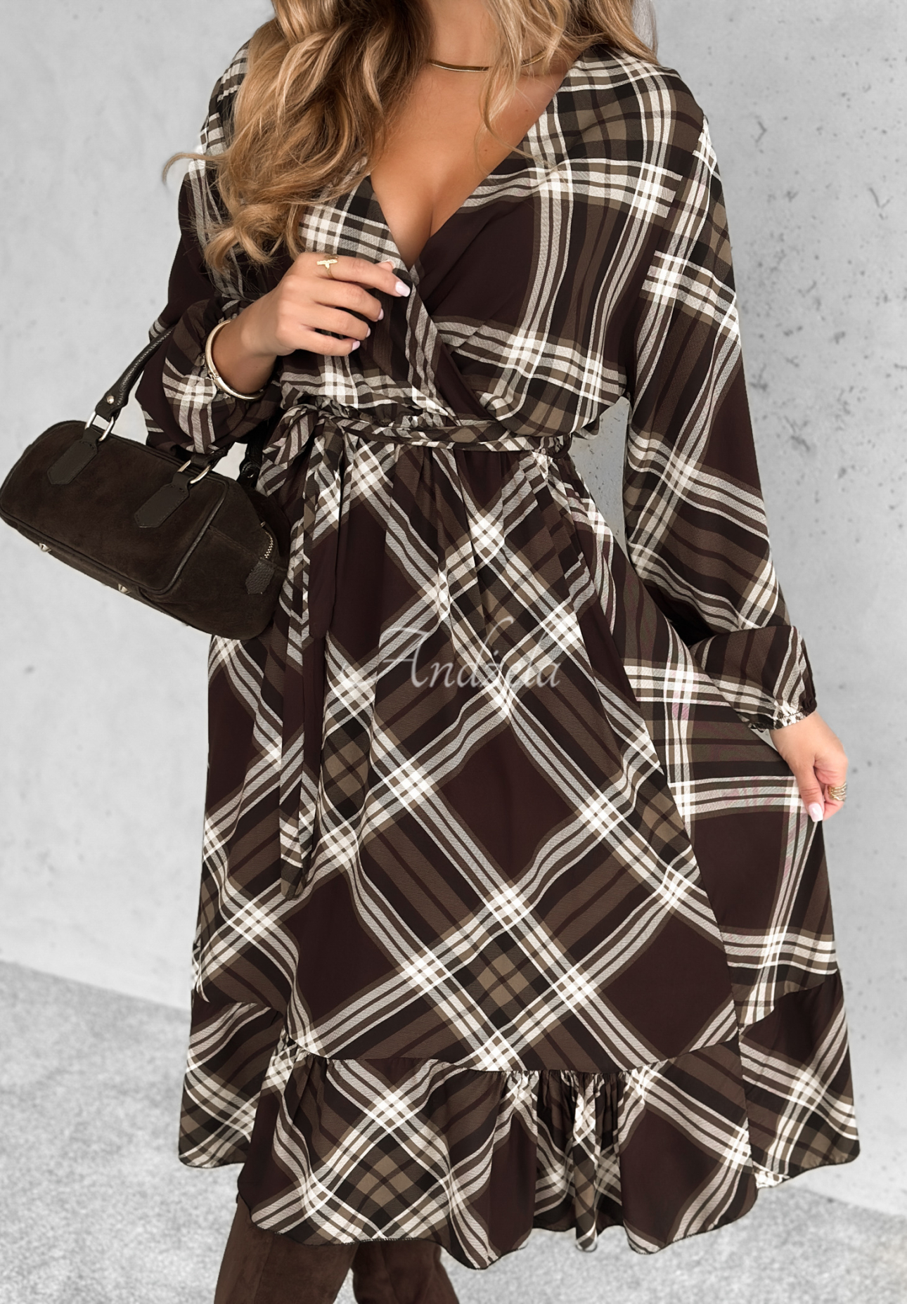 Kariertes Midikleid aus Viskose Could Be Us Schokoladenbraun