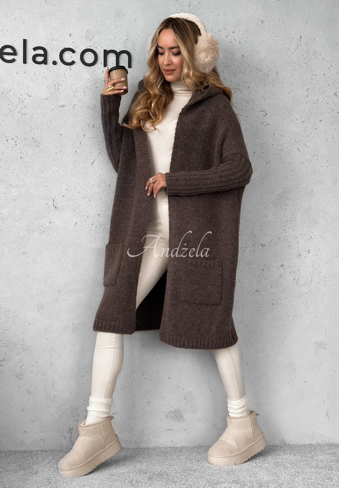 Lange Oversize-Strickjacke mit Kapuze Simply Live Schokoladenbraun