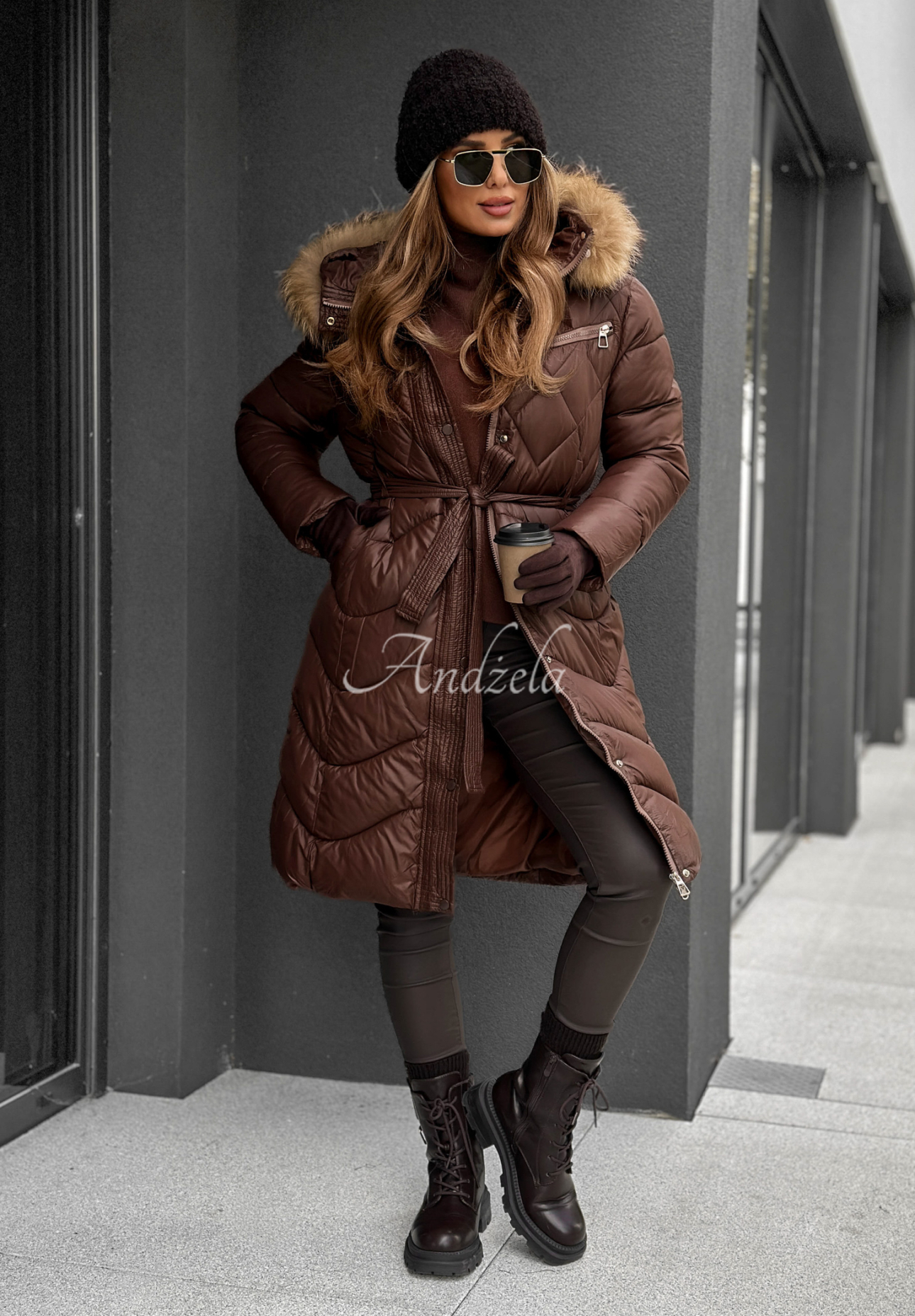 Lange Steppjacke mit Fell Hello Cold Days Schokoladenbraun II