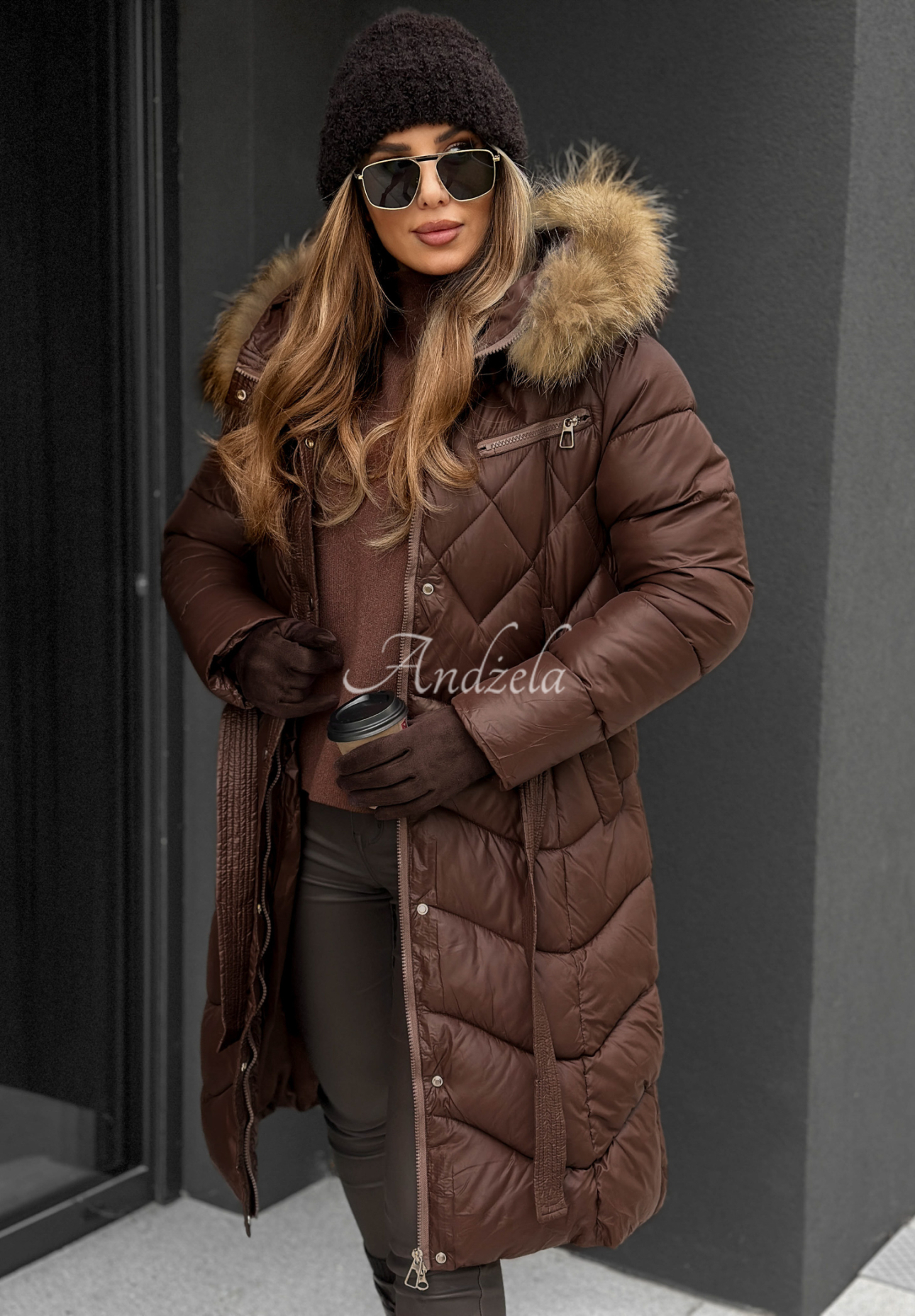 Lange Steppjacke mit Fell Hello Cold Days Schokoladenbraun II
